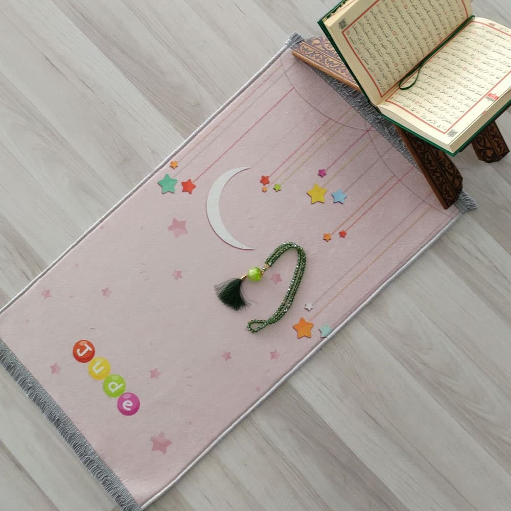 Kids Personalized Moon&Stars Foam Padded Prayer Mat, Child Muslim Prayer Rug, Islamic Gift, Anti-Slip Mat, Musallah Designer Sejadah 409