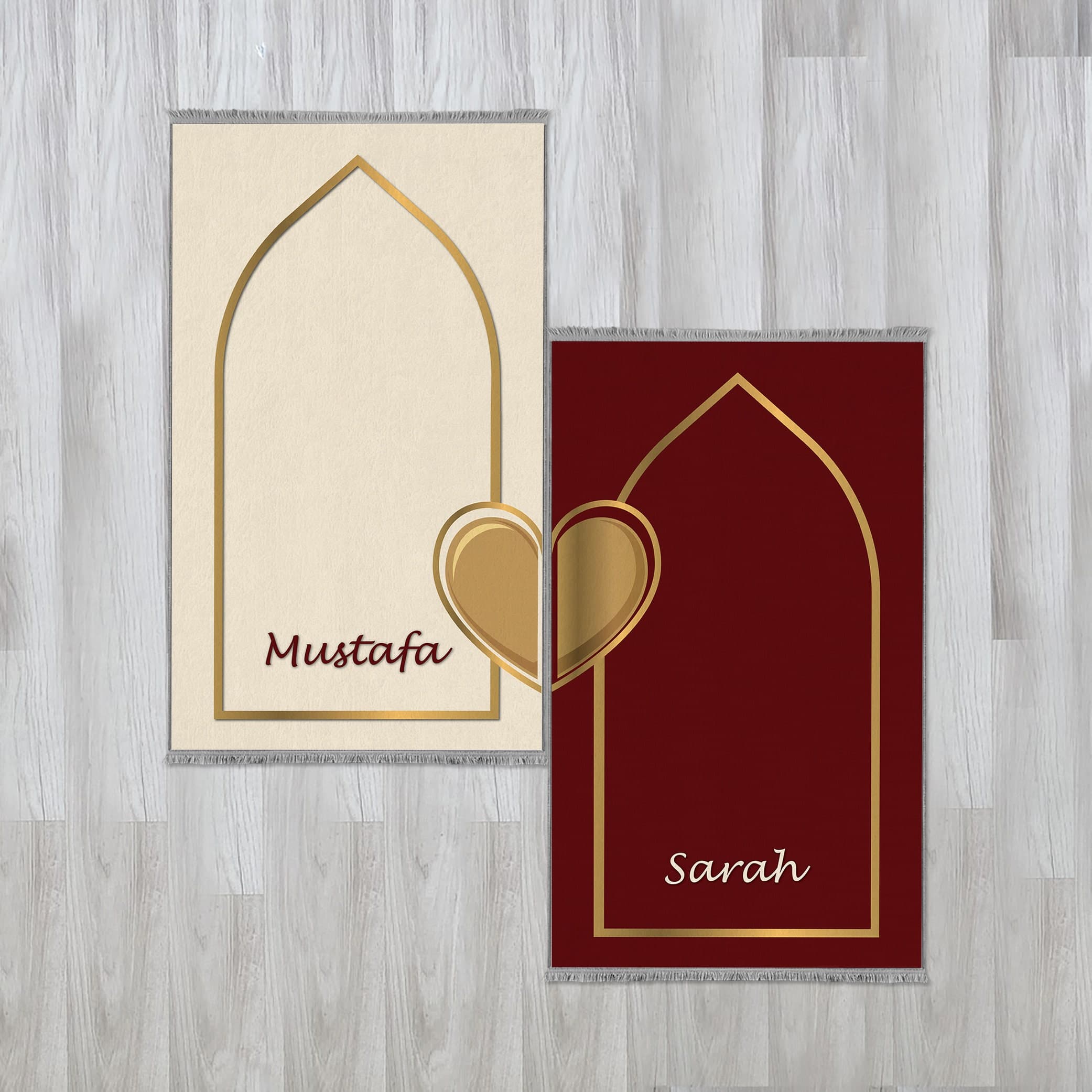Personalized Foam Padded 2 Prayer Mat Set with Heart Design, Islamic Wedding Gift, Nikkah Gift for Muslim Couples, Dowry Janamaz Rug 709