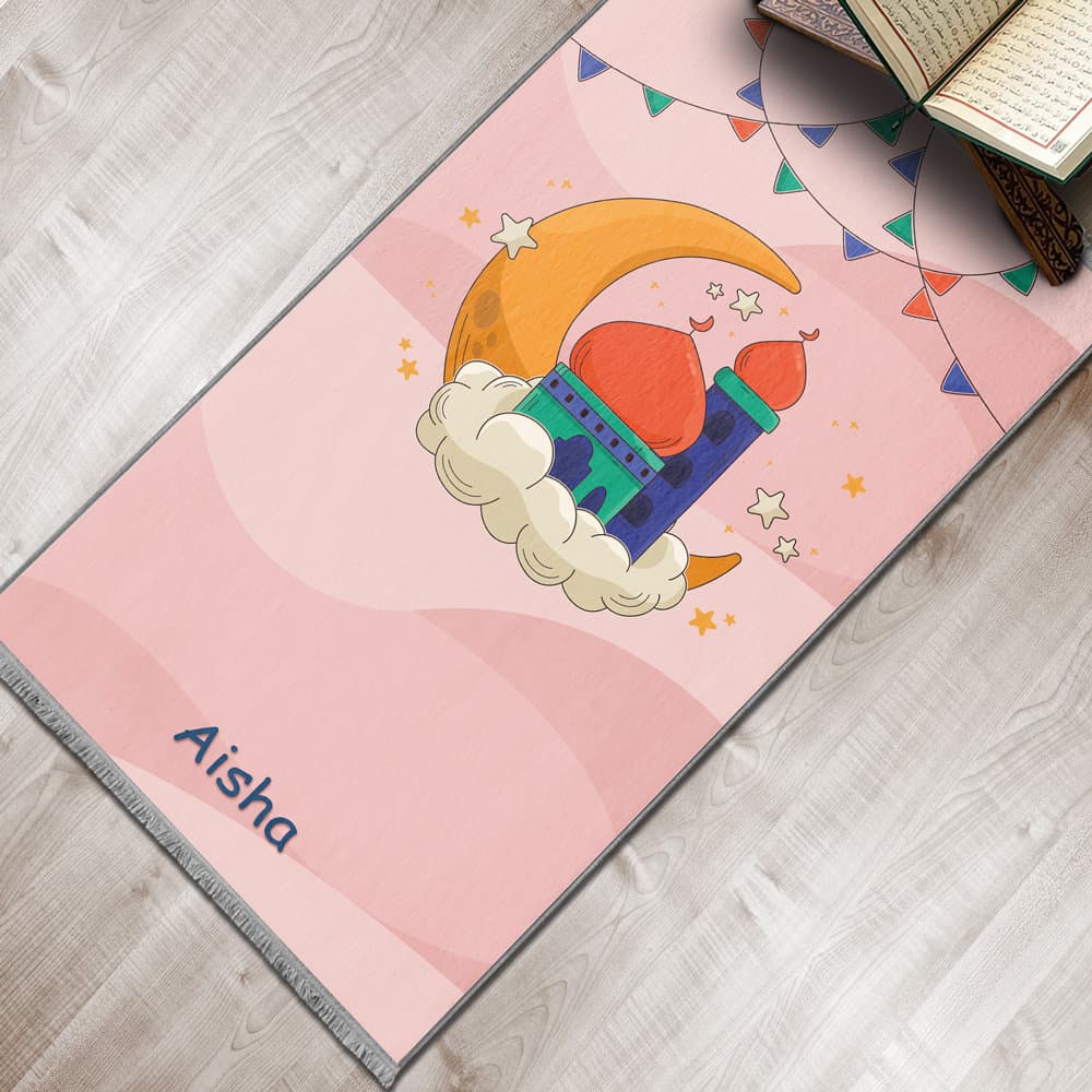 Kids Personalized Moon&Stars Foam Padded Prayer Mat, Child Muslim Prayer Rug, Islamic Gift Boy Girls Non-Slip, Musallah Designer Sejadah 421