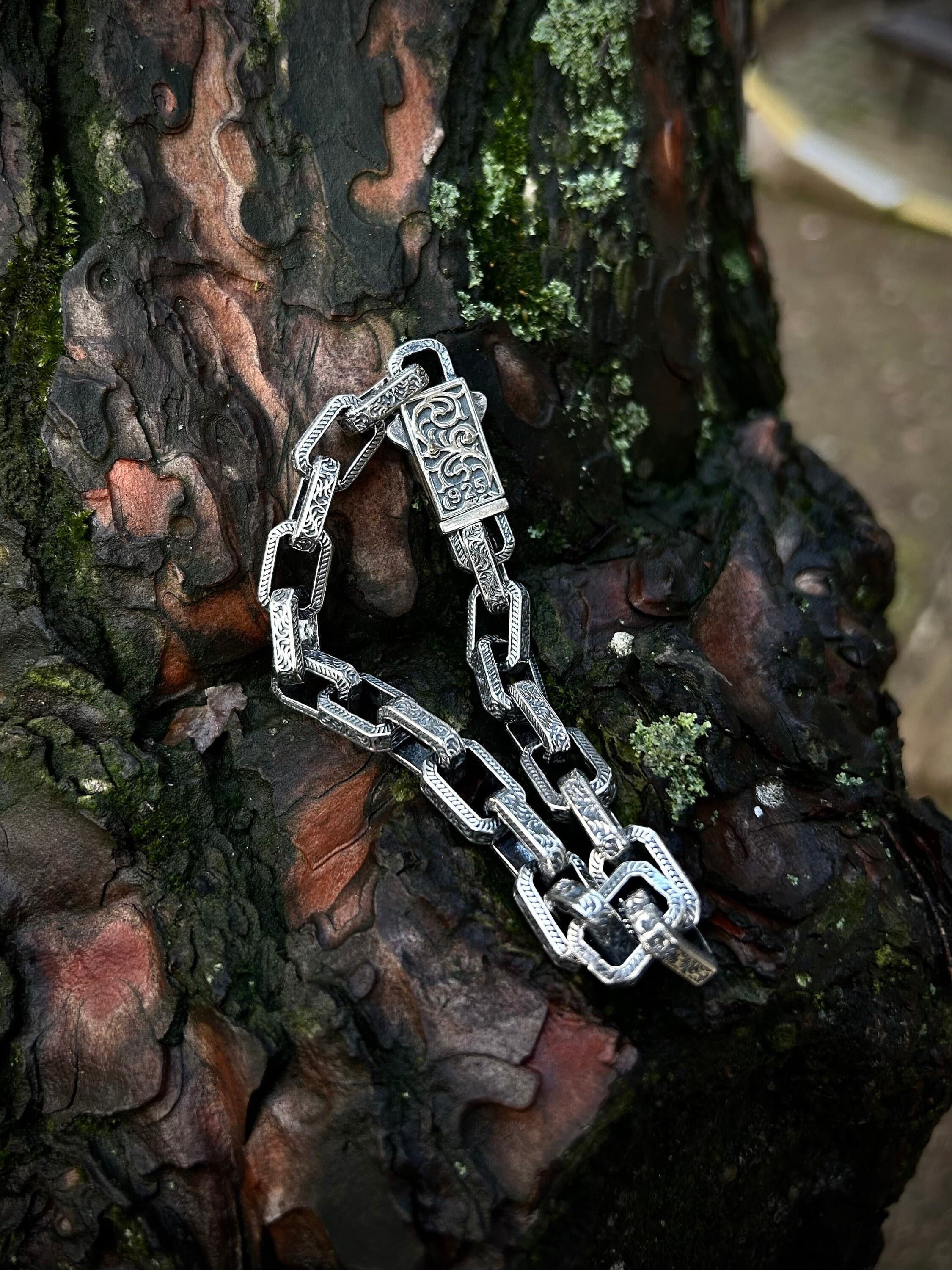 Mens Heavy Engraved 925 Sterling Silver Link Chain Bracelet