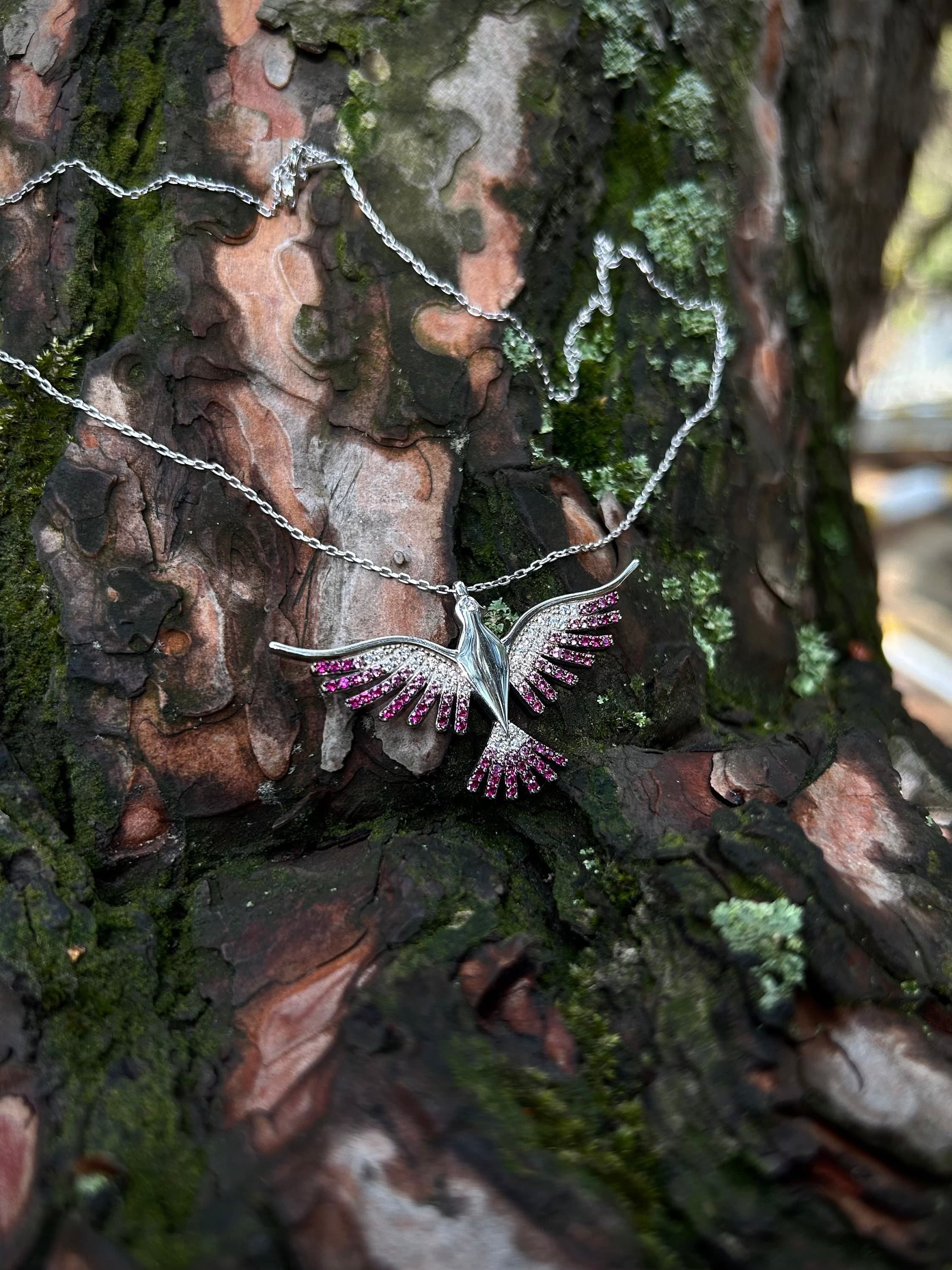 Pink Phoenix 925K Silver Necklace: Zircon Stone Bird Pendant