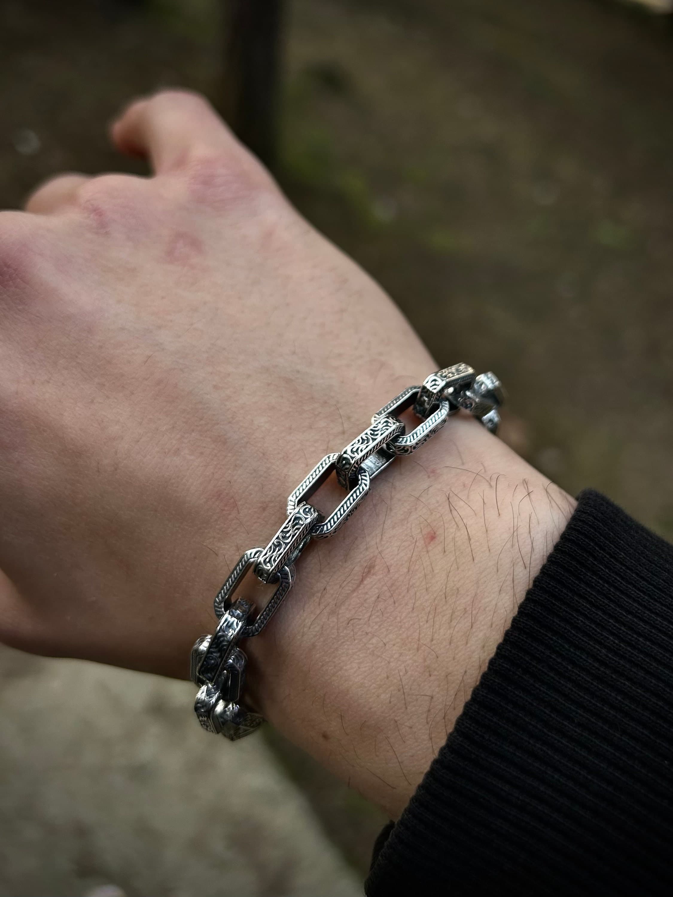 Mens Heavy Engraved 925 Sterling Silver Link Chain Bracelet - image 3