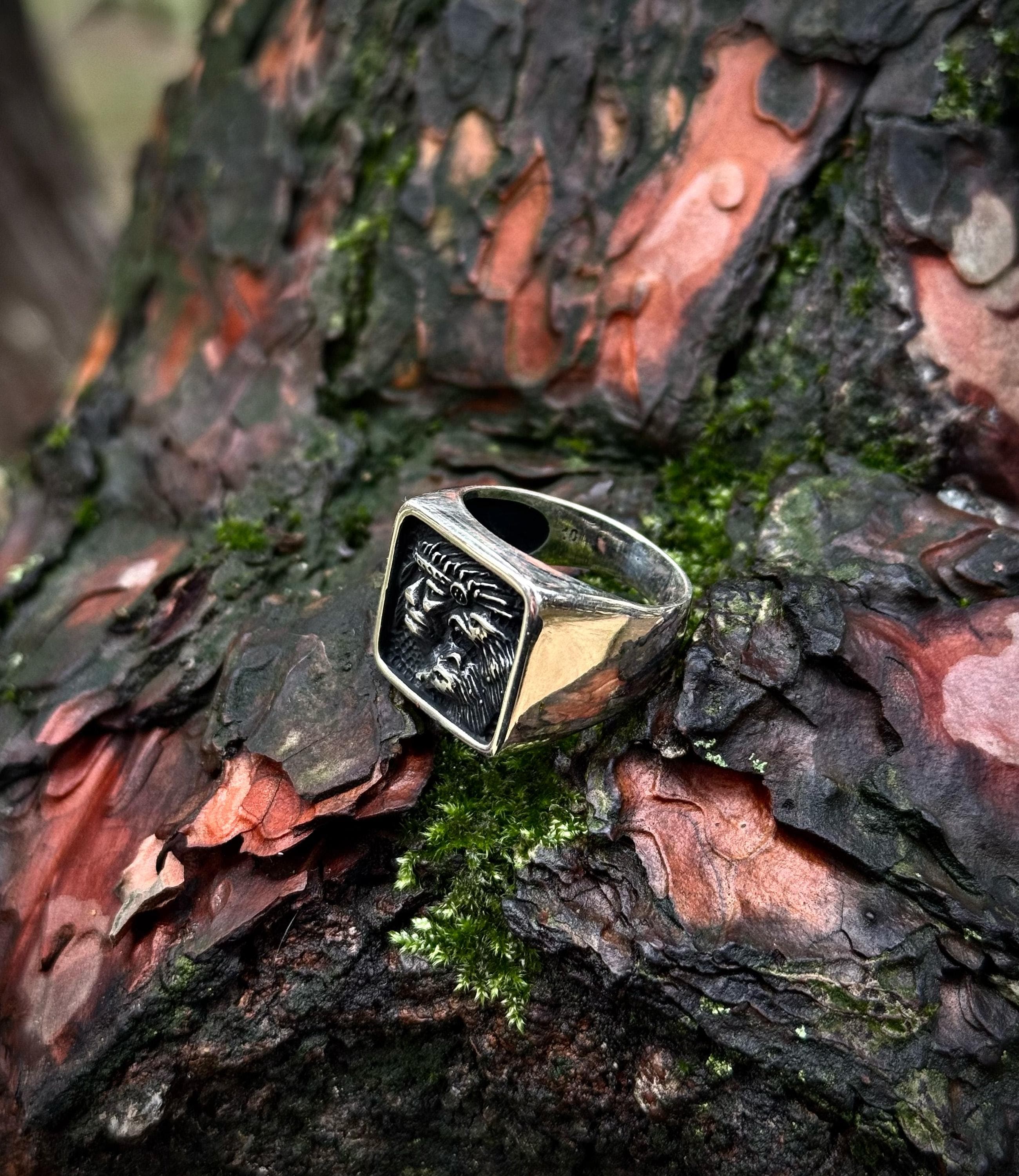 Sterling Silver Eagle Spirit Signet Ring For Men, Ancient Warrior Relief Design