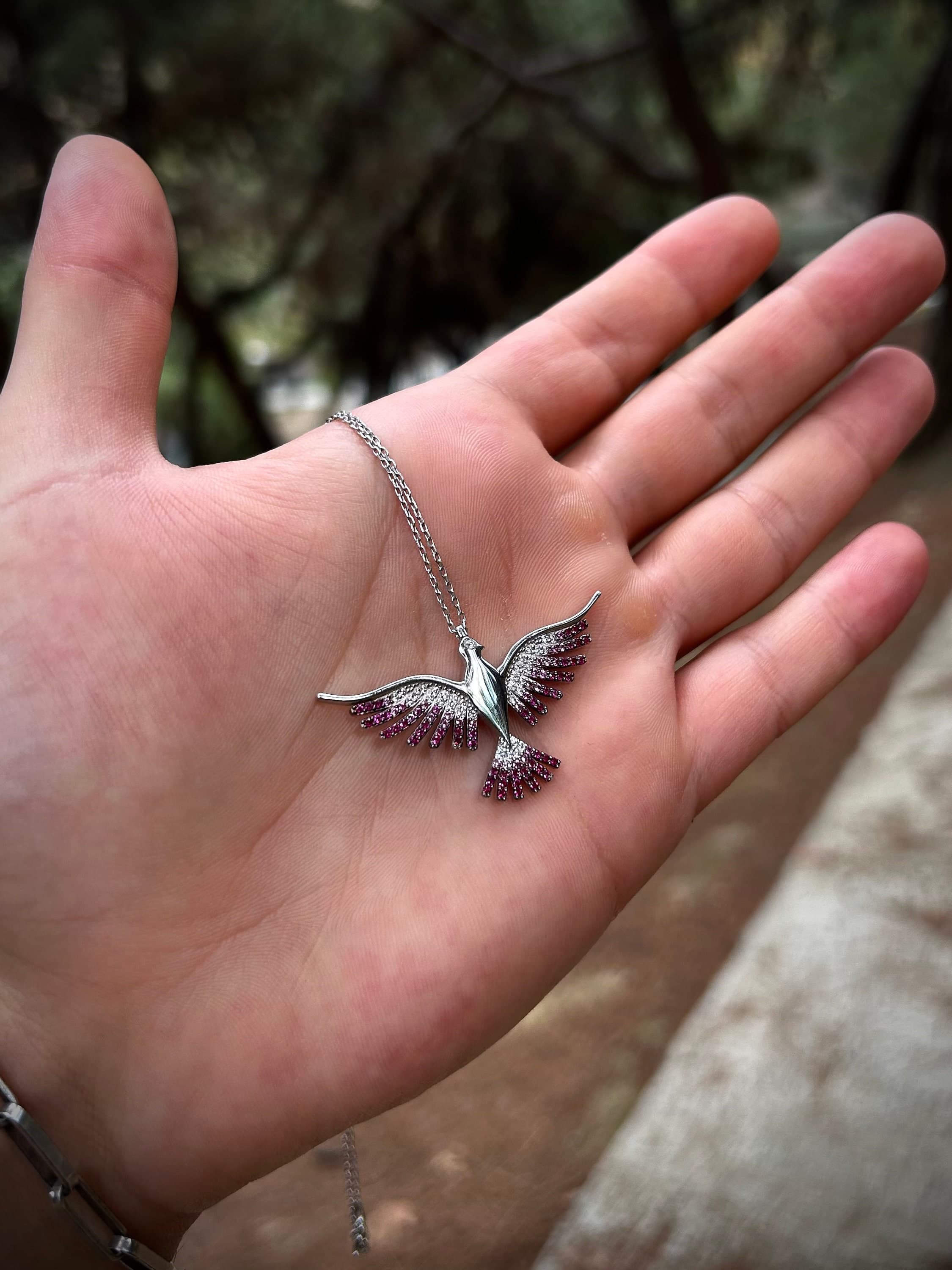 Pink Phoenix 925K Silver Necklace: Zircon Stone Bird Pendant - image 5