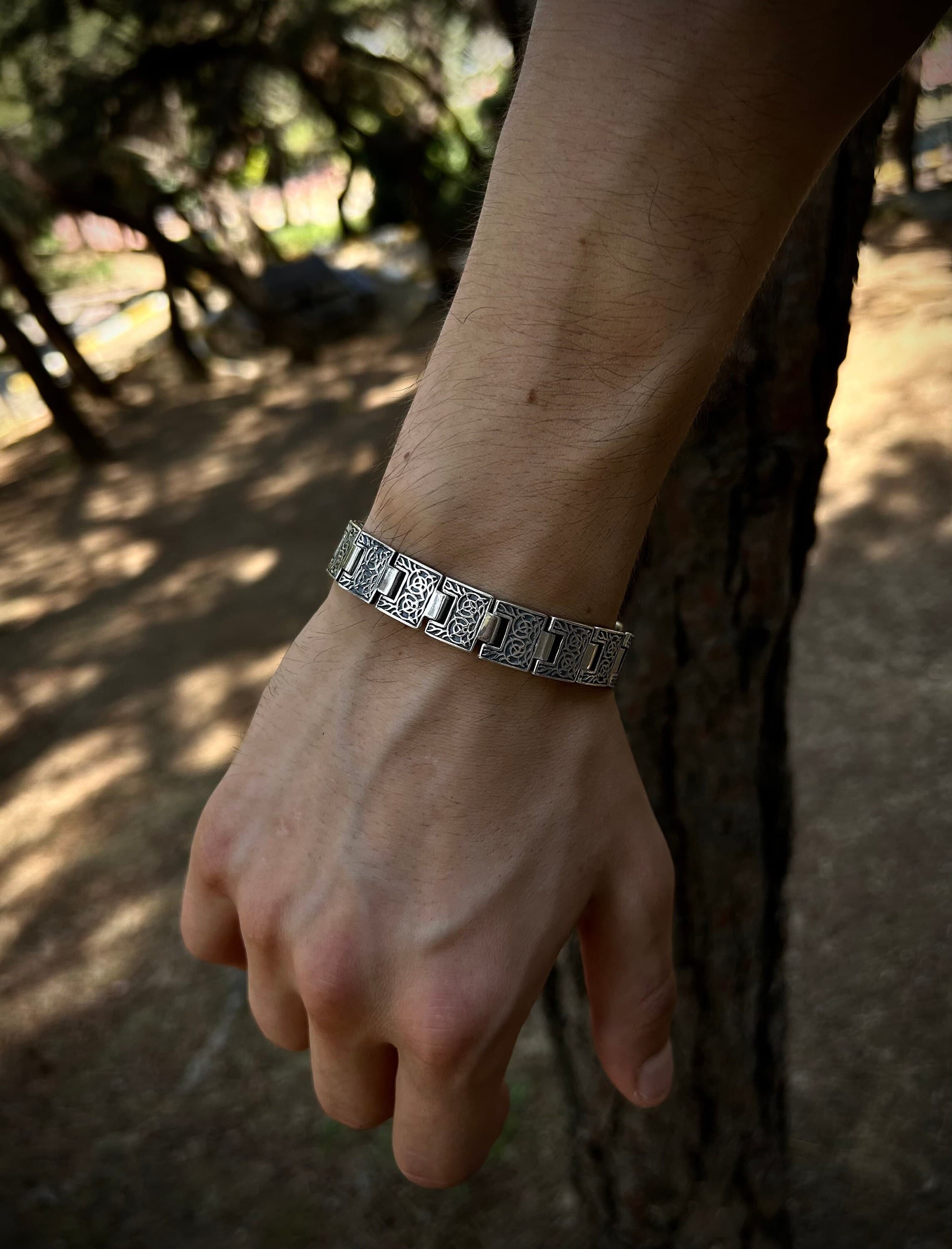 Mens Engraved 925K Sterling Silver Plate Chain Bracelet, 12mm Art Bracelet