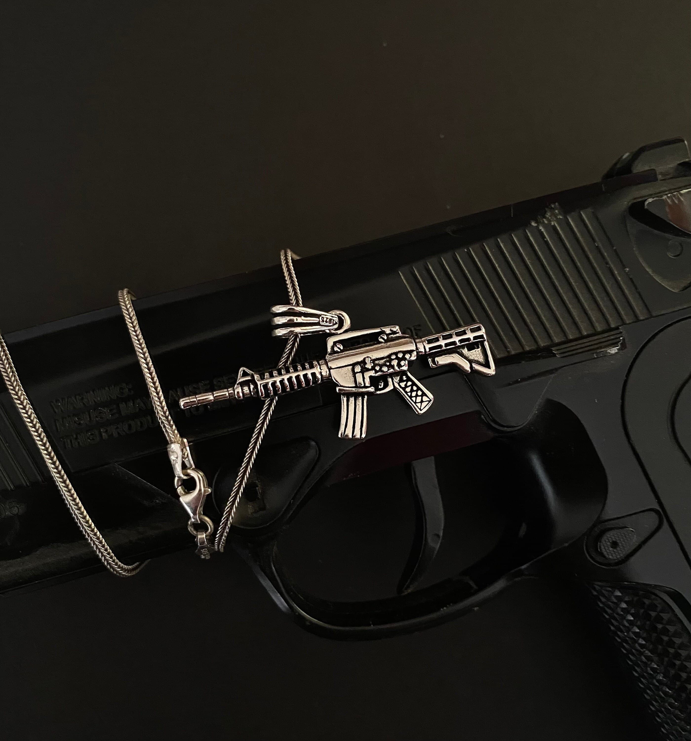 Sterling Silver Rifle Necklace, Brutalist Gun Pendant, Gift for Men