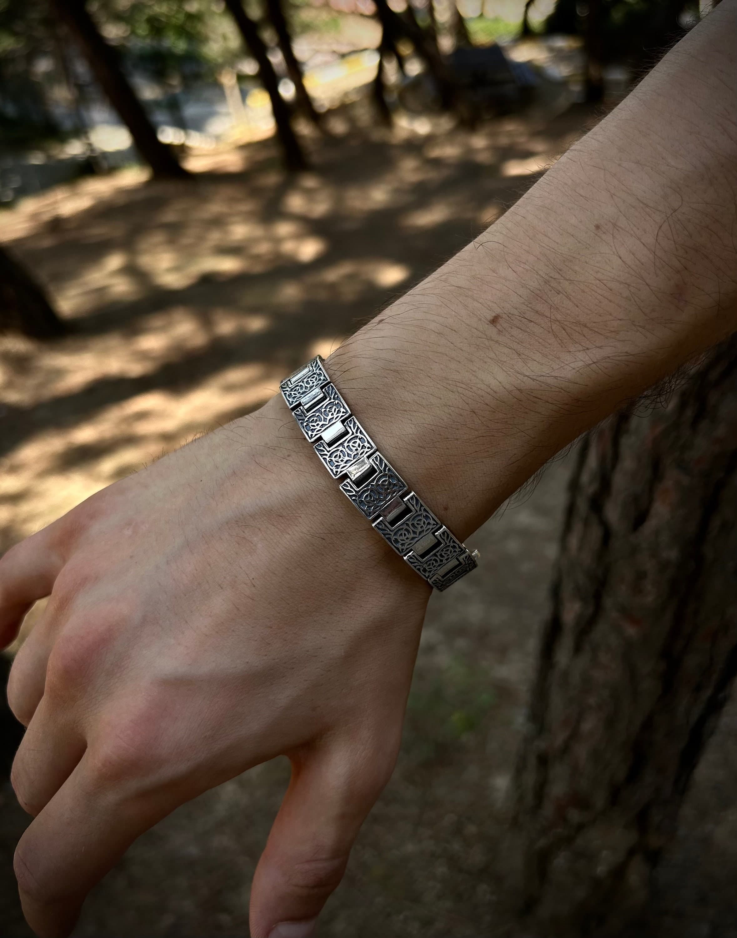 Mens Old School Plate Chain Bracelet 925K Silver, 12mm Engraved Art Chain Bracelet Sterling Silver, Bracelet Gift For Grandpa