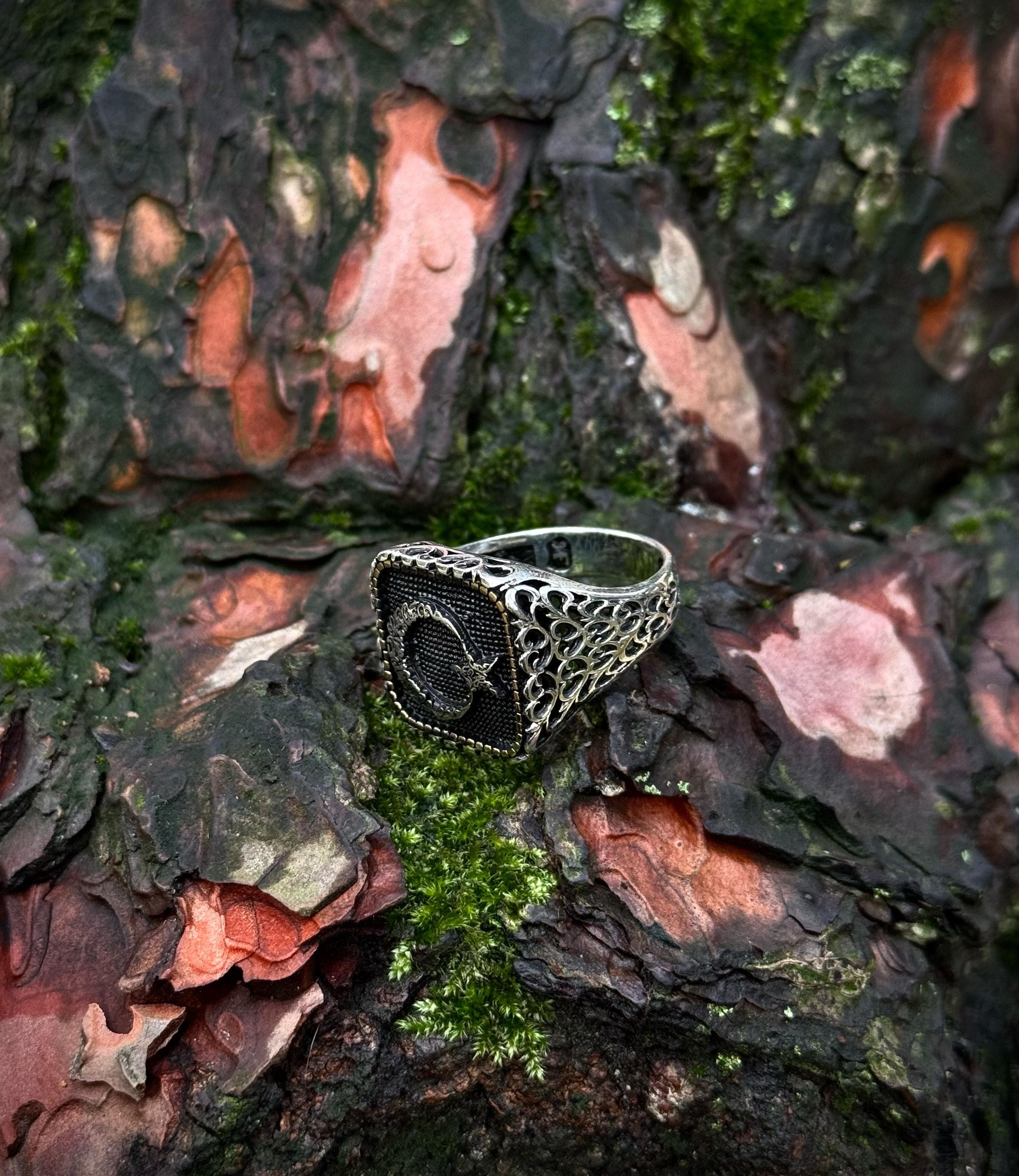 Oxidized Crescent Signet Ring 925 Sterling Silver, Square Patriotic Ring for Men - image 4