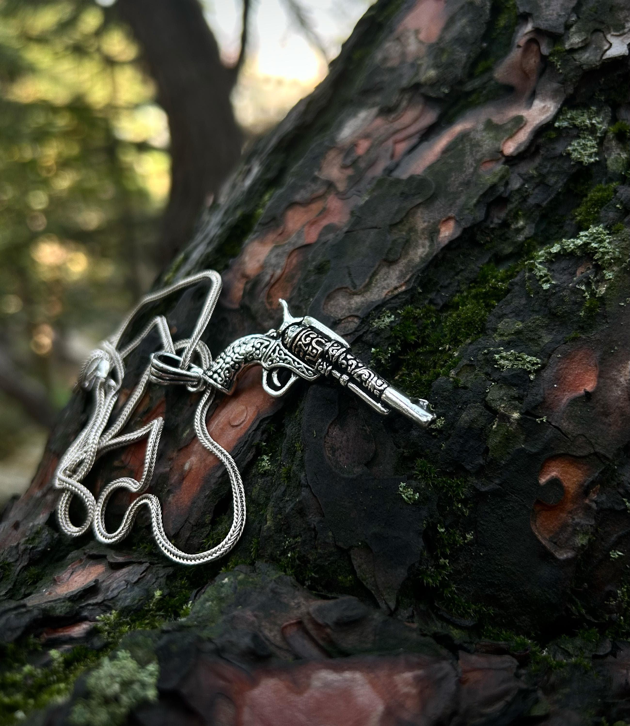 Cowboy Pistol Pendant, 925 Silver Western Biker Men’s Necklace