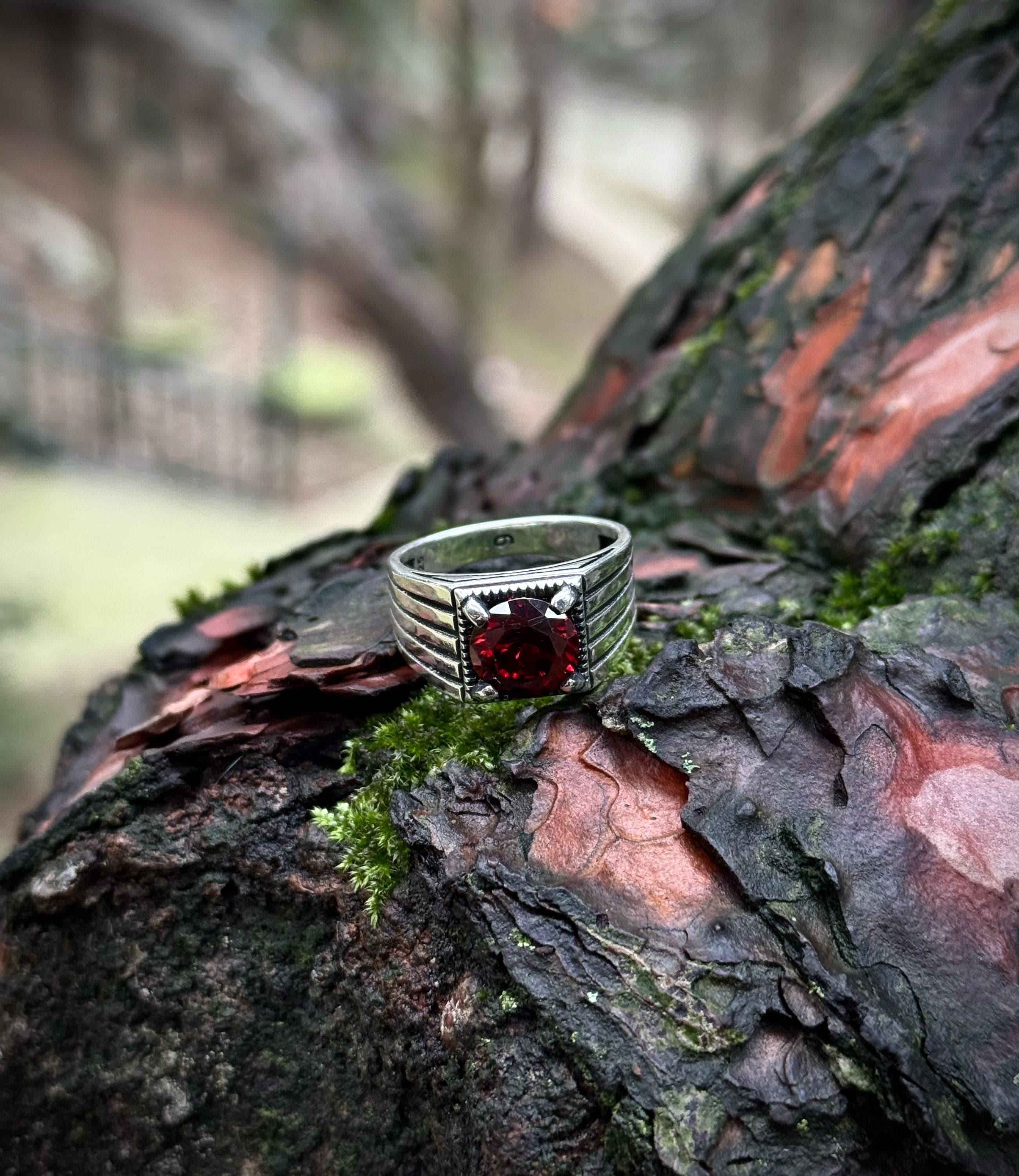 925 Sterling Silver Crimson Stone Ribbed Ring, Deep Red Men’s Ring - image 4