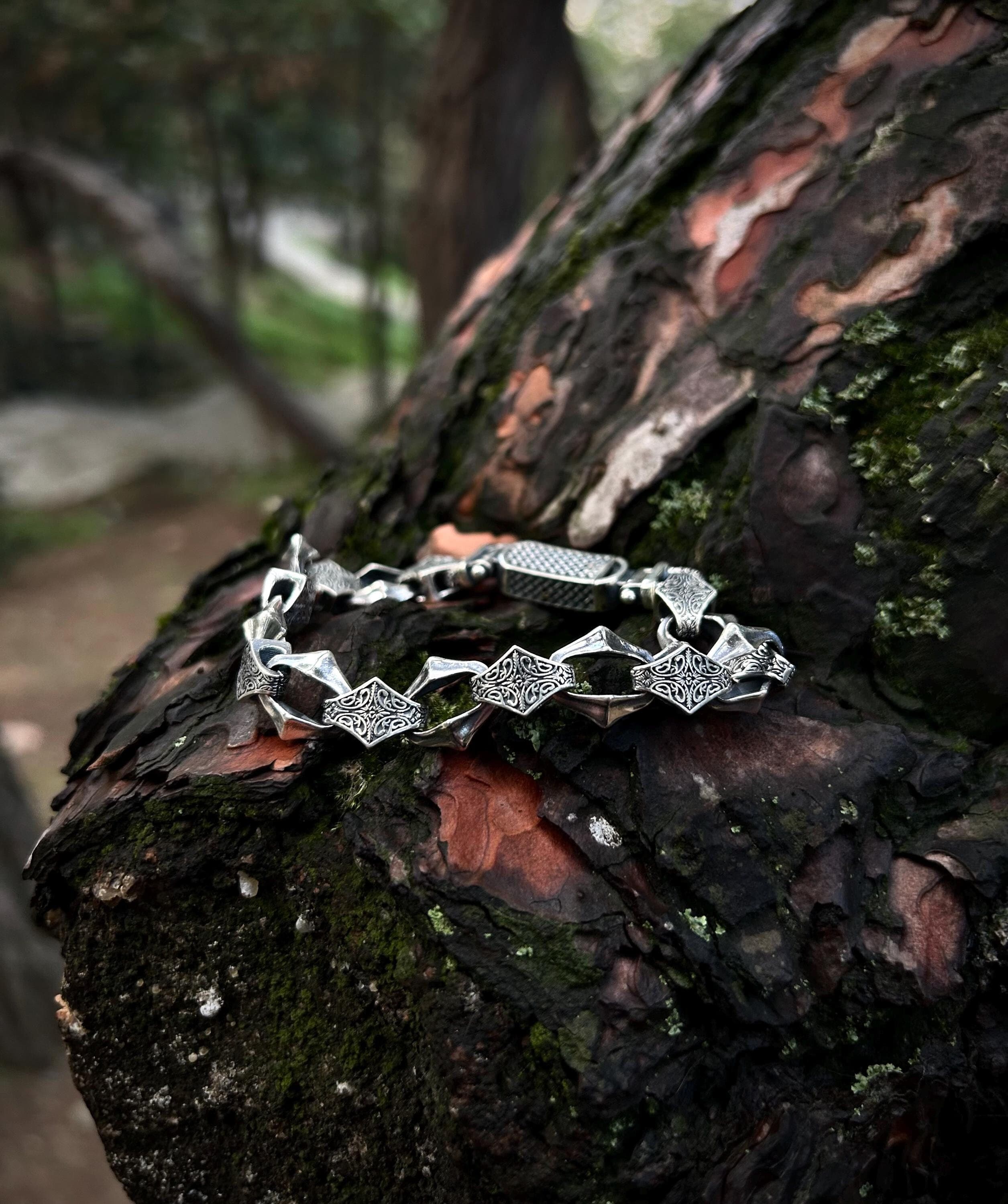 Mens Engraved 925K Sterling Silver Chain Link Bracelet
