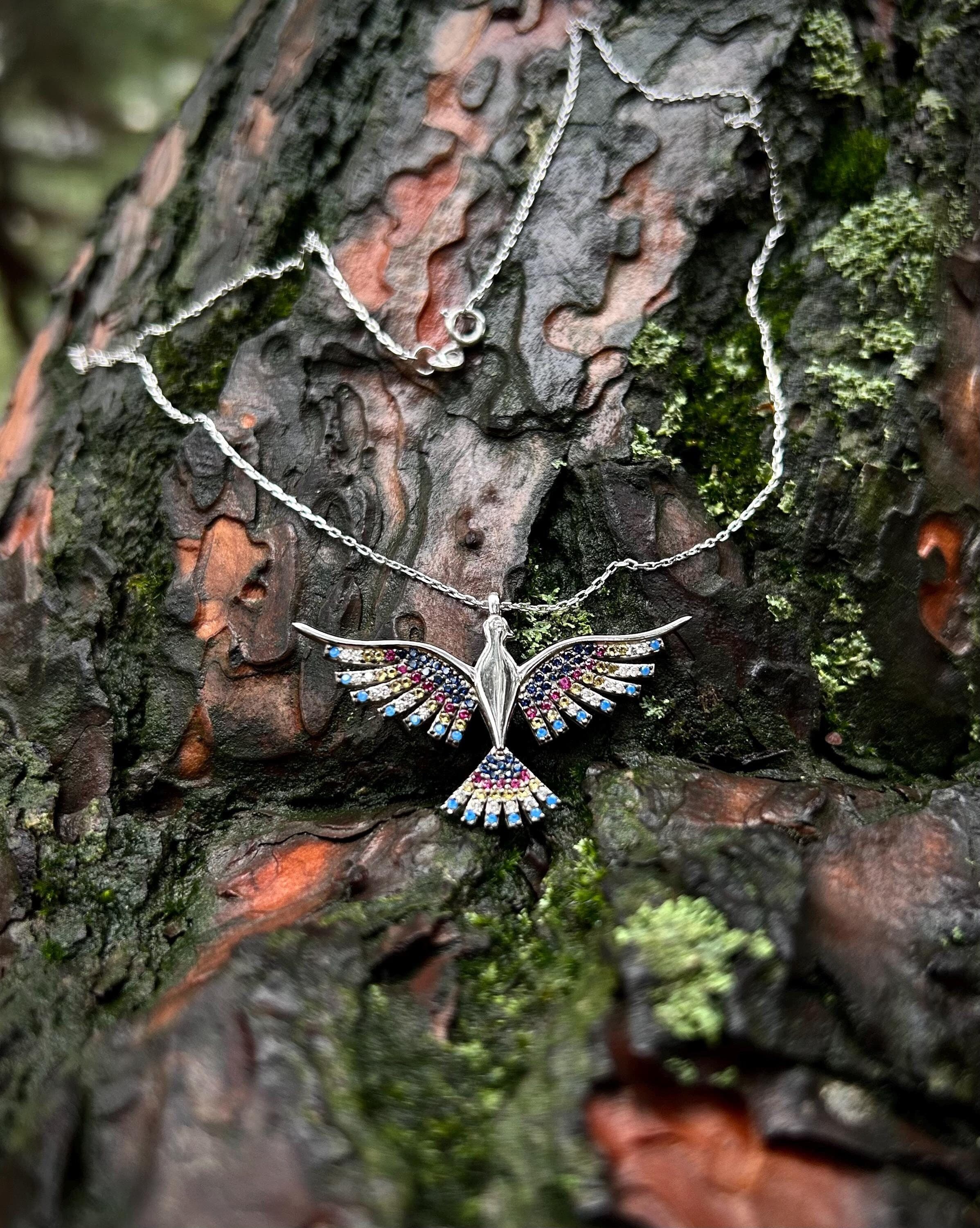 Rainbow Phoenix Necklace: Sterling Silver Zircon Stone Pendant
