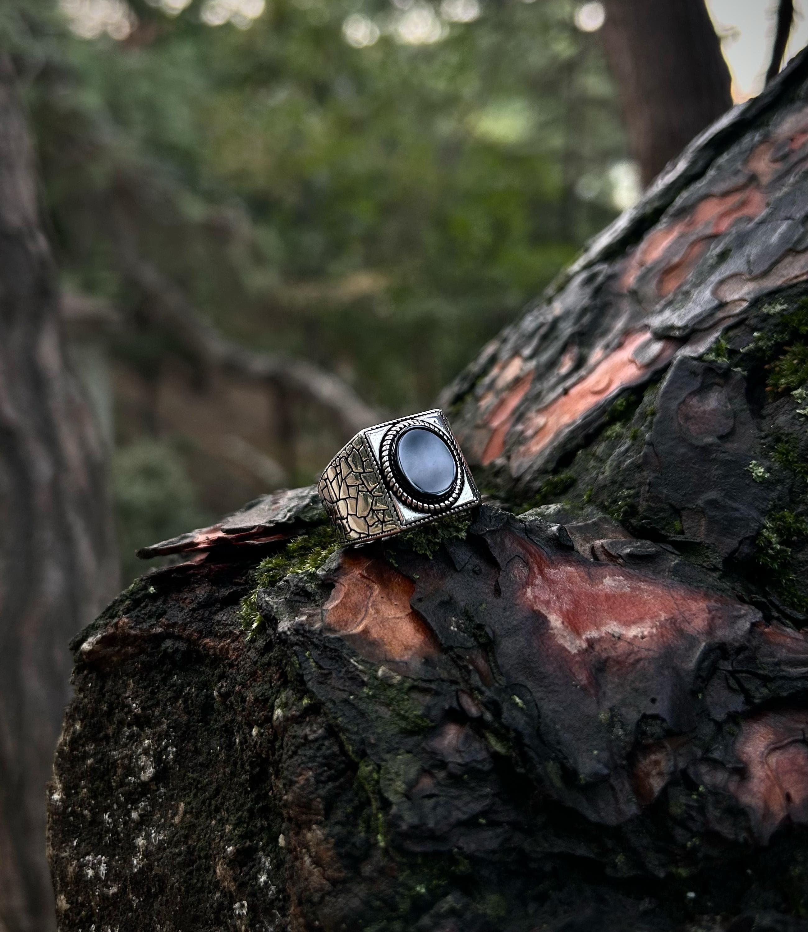 Men's Black Onyx Ring | 925 Sterling Silver, Cracked Earth Statement Signet, Grounding Stone Jewelry