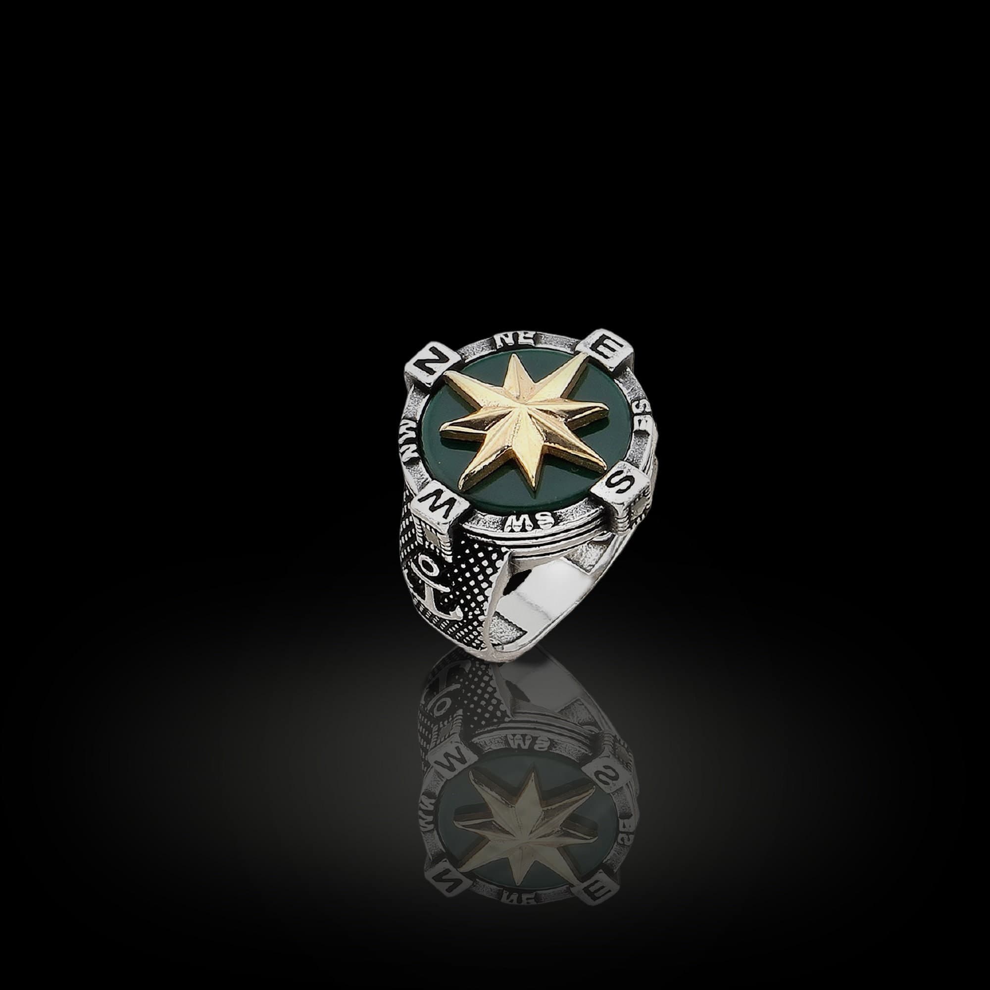 Sterling Silver Compass Ring For Men, Green Stone