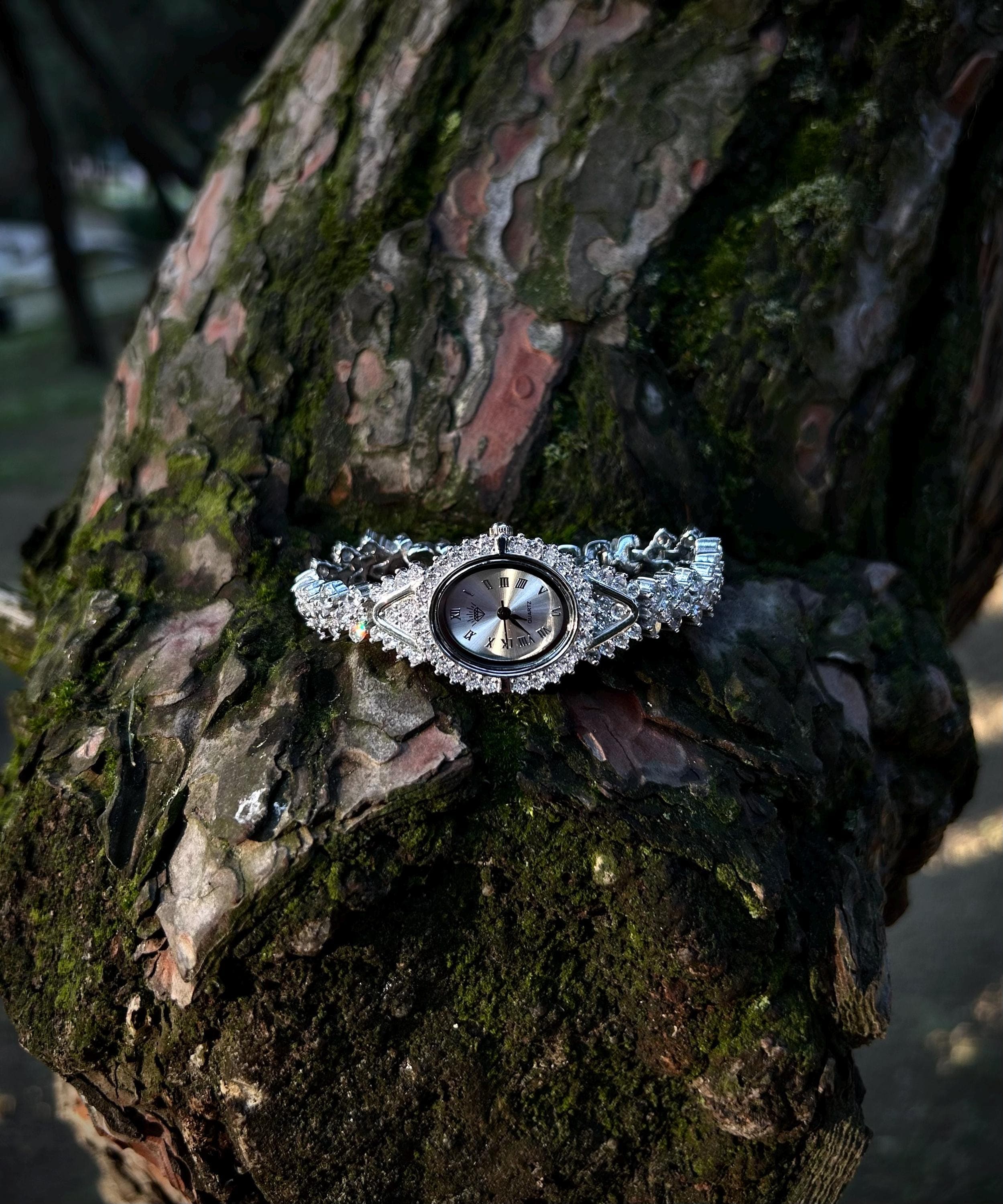 Close-up of iced out 925 sterling silver watch with oval dial and crystal-encrusted band.