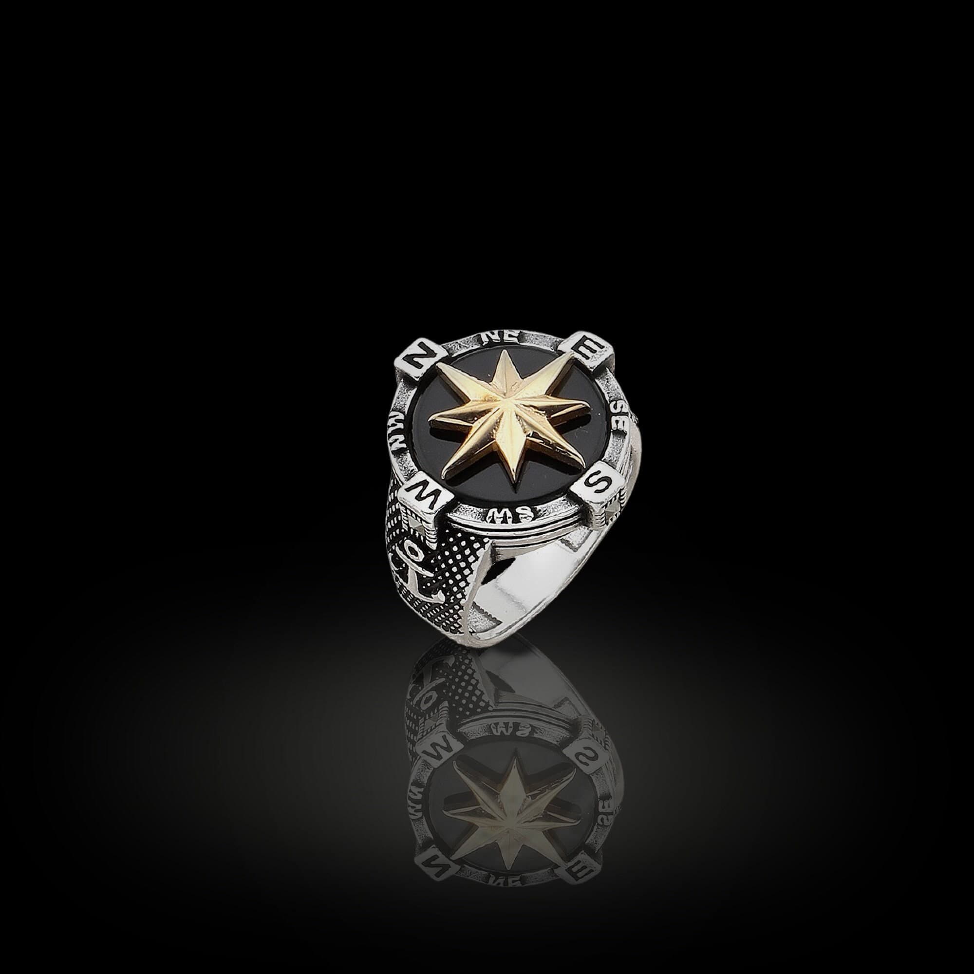 Sterling Silver Compass Ring For Men, Green Stone - image 5