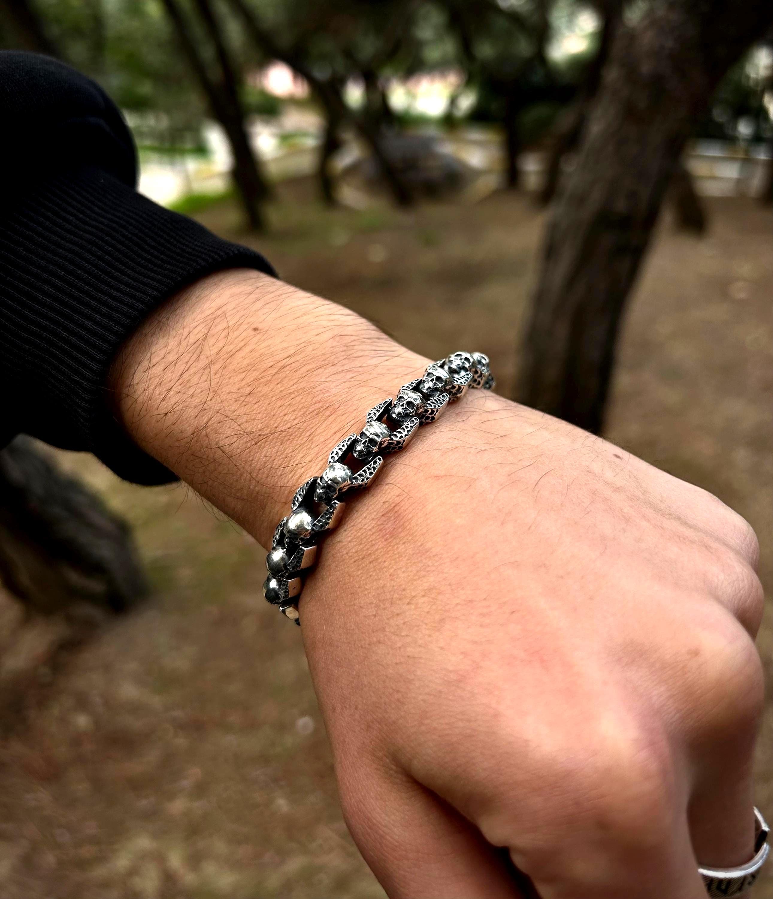 Sterling Silver Skull Link Bracelet: Gothic Biker Jewelry, Rebel Gift