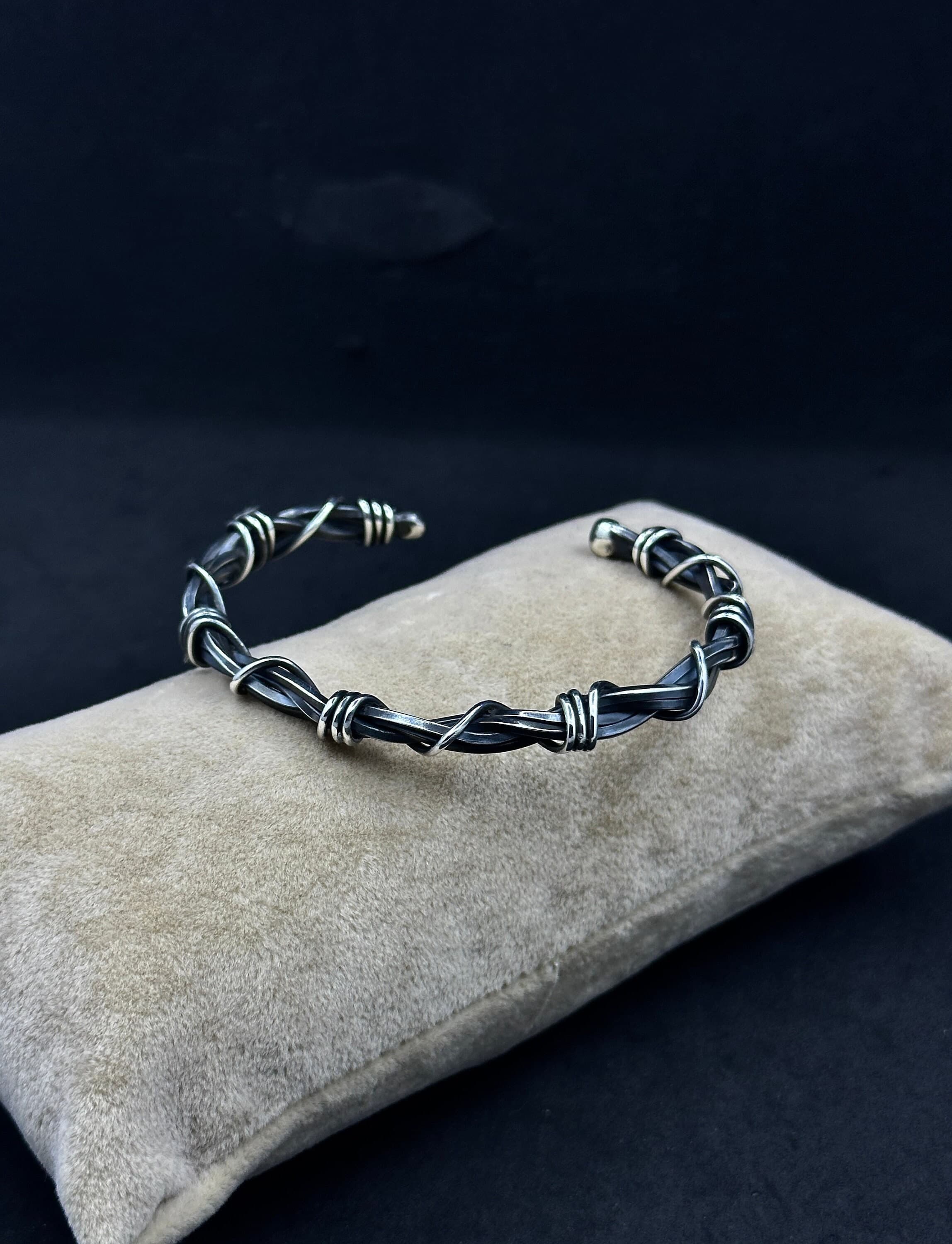 Adjustable 925 Sterling Silver Barbed Wire Bracelet - Gothic Cuff