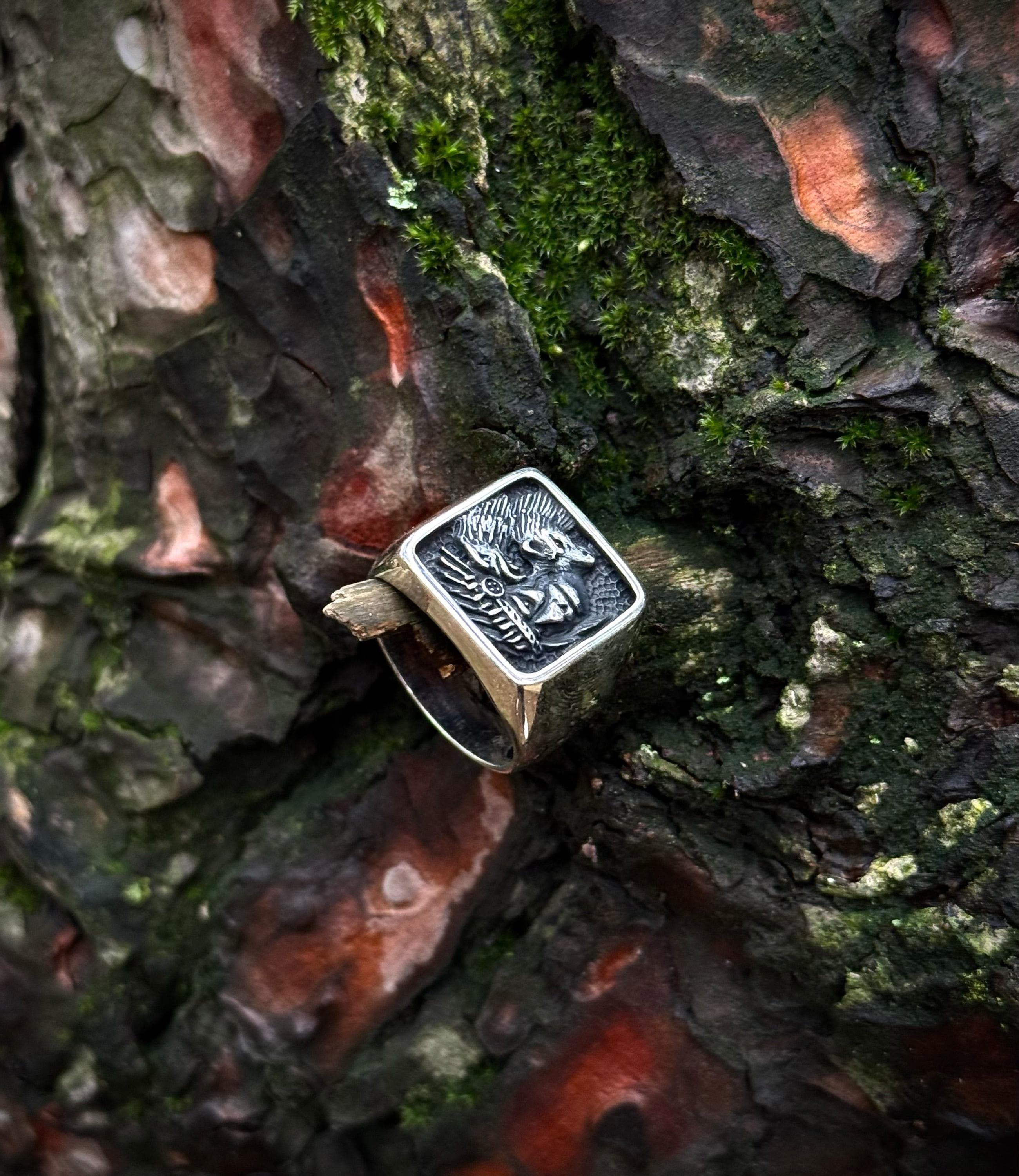 Sterling Silver Eagle Spirit Signet Ring For Men, Ancient Warrior Relief Design - image 3