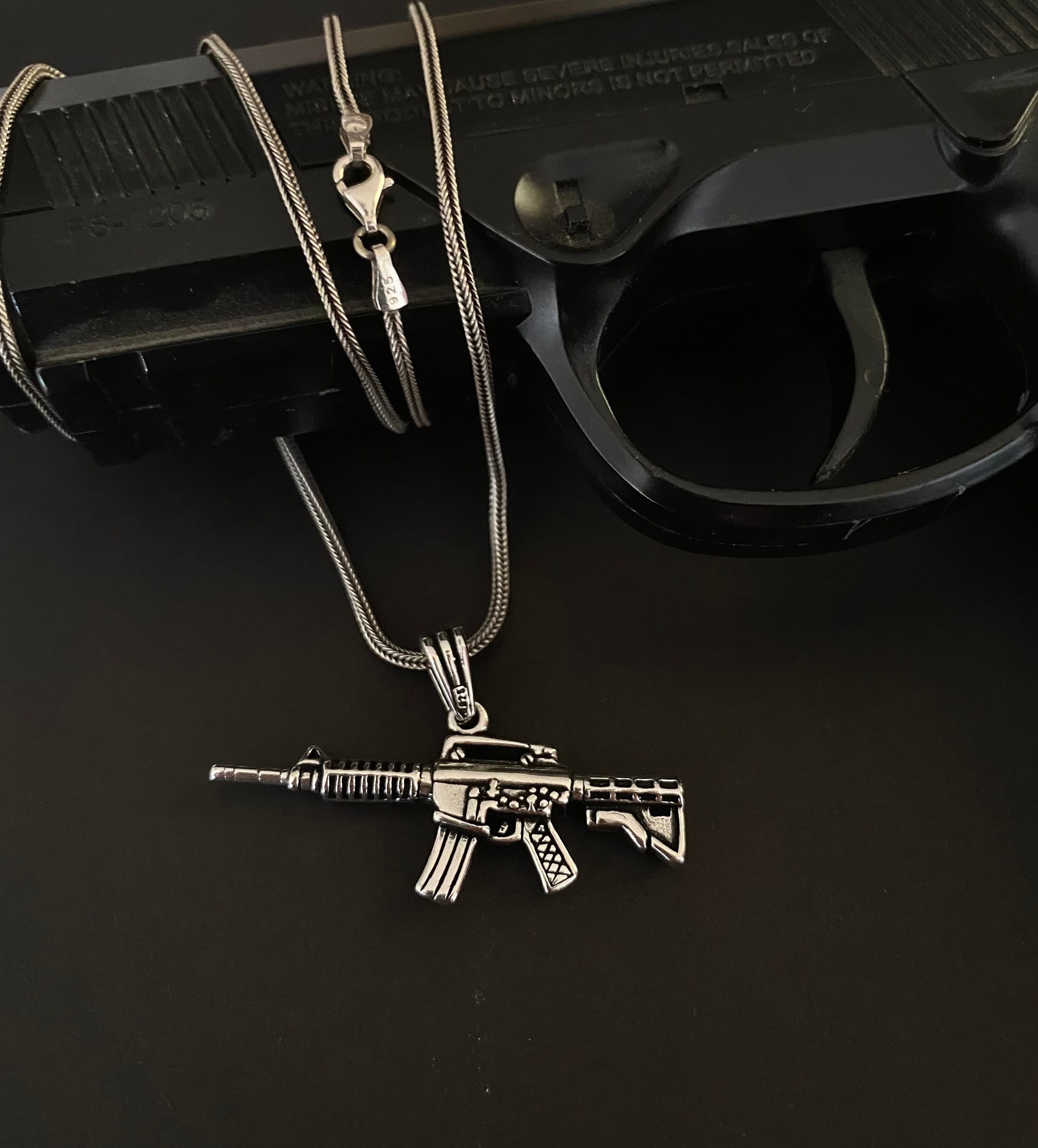 Sterling Silver Rifle Necklace, Brutalist Gun Pendant, Gift for Men - image 3