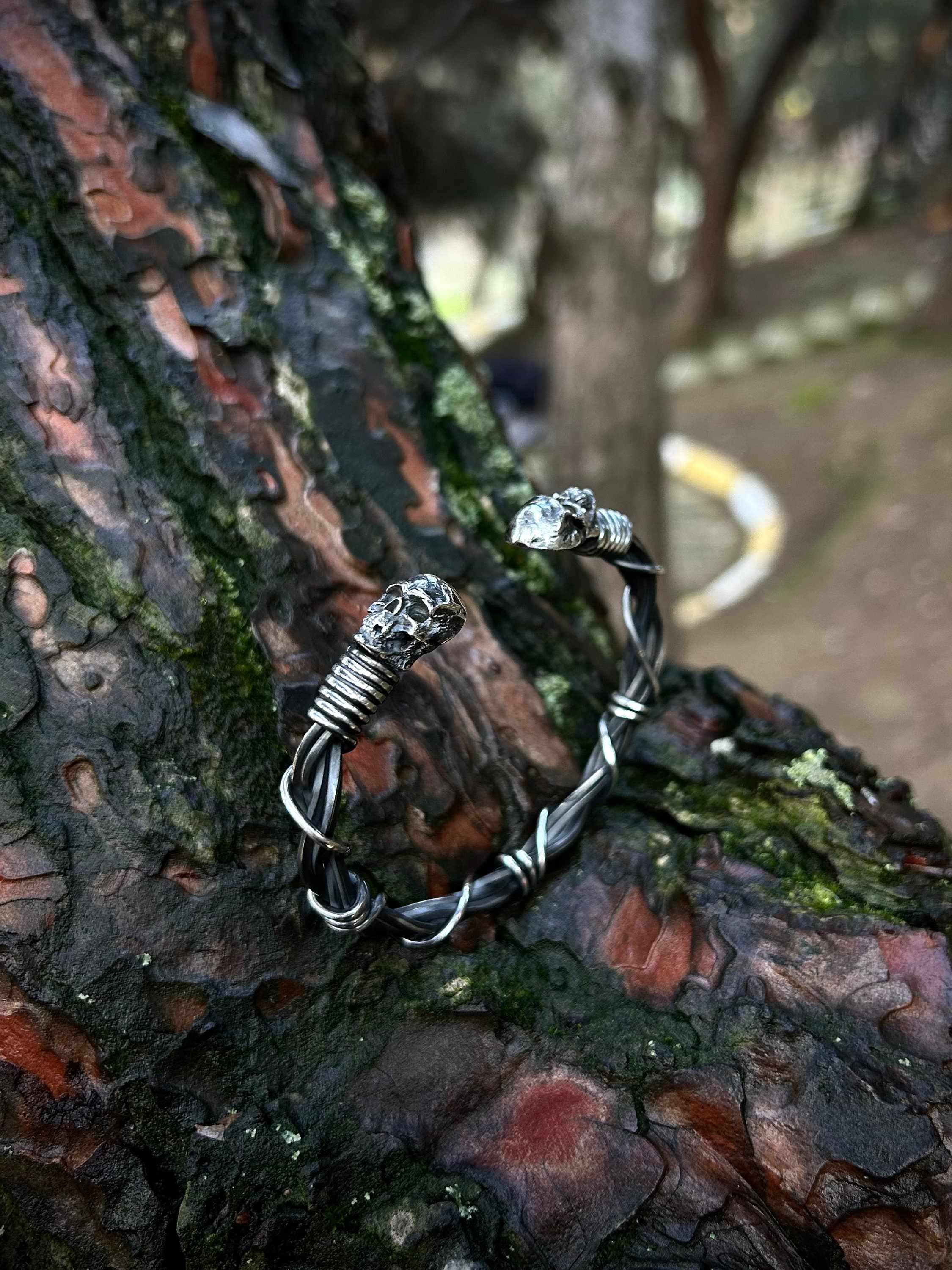 Oxidized 925 Sterling Silver Skull Bracelet - Gothic Bangle - image 4