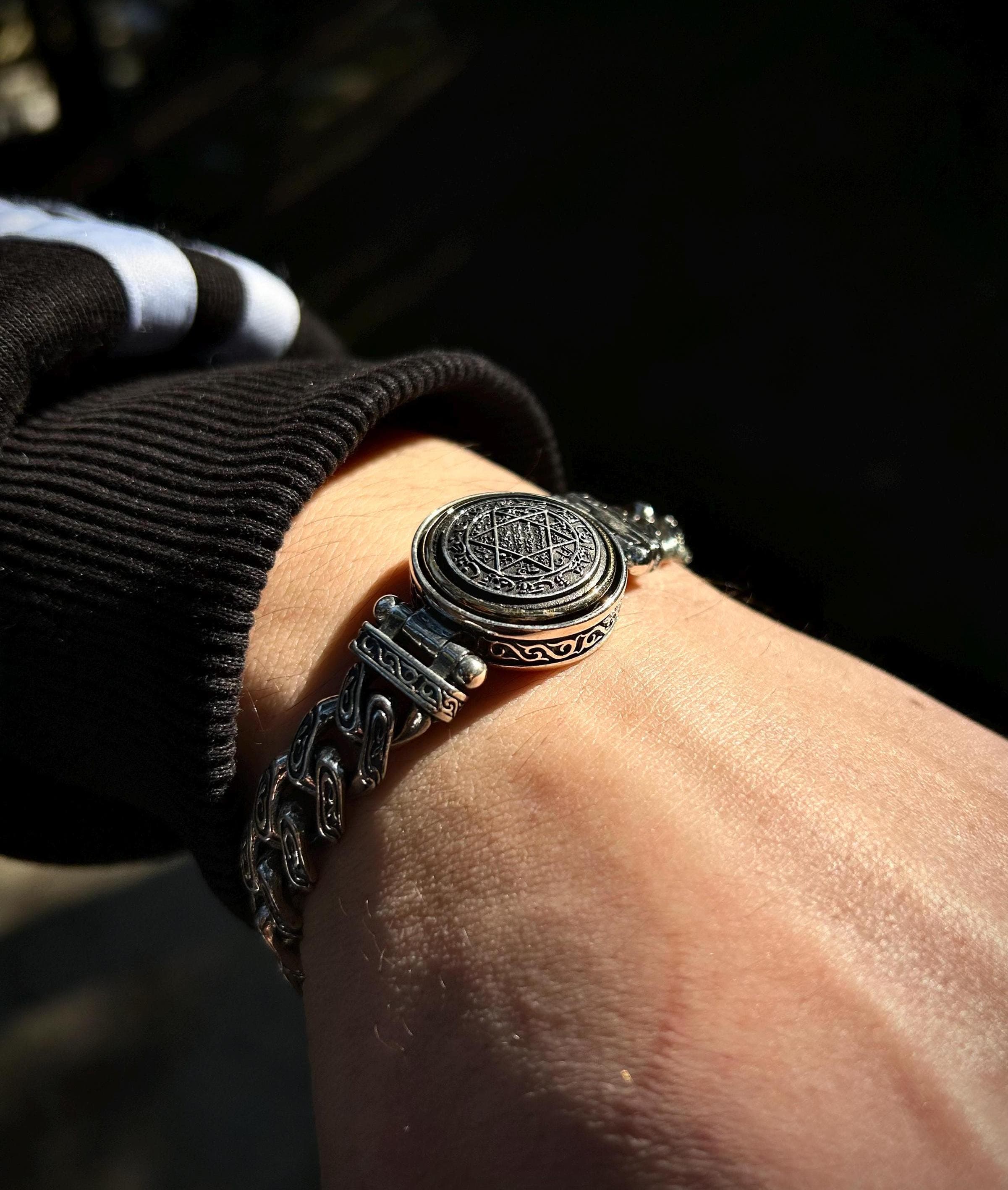 Sterling Silver King Solomon Seal Chain Bracelet, Protection Amulet & Kabbalah Talisman | Esoteric and Judaica Jewelry for Men
