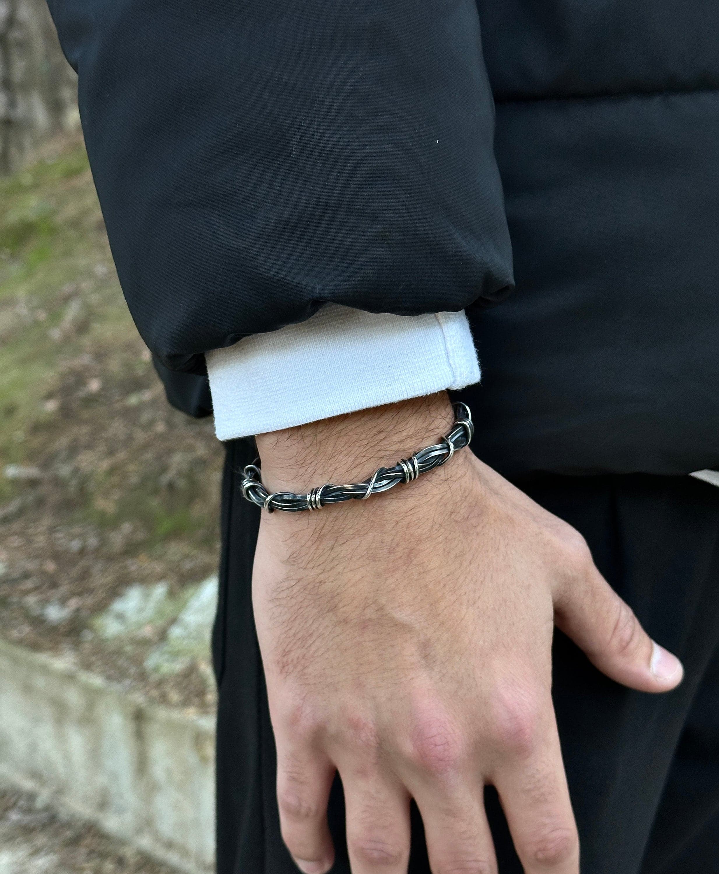 Hand Knitted Sterling Silver Barbed Wire Bracelet - Gothic Mens Cuff