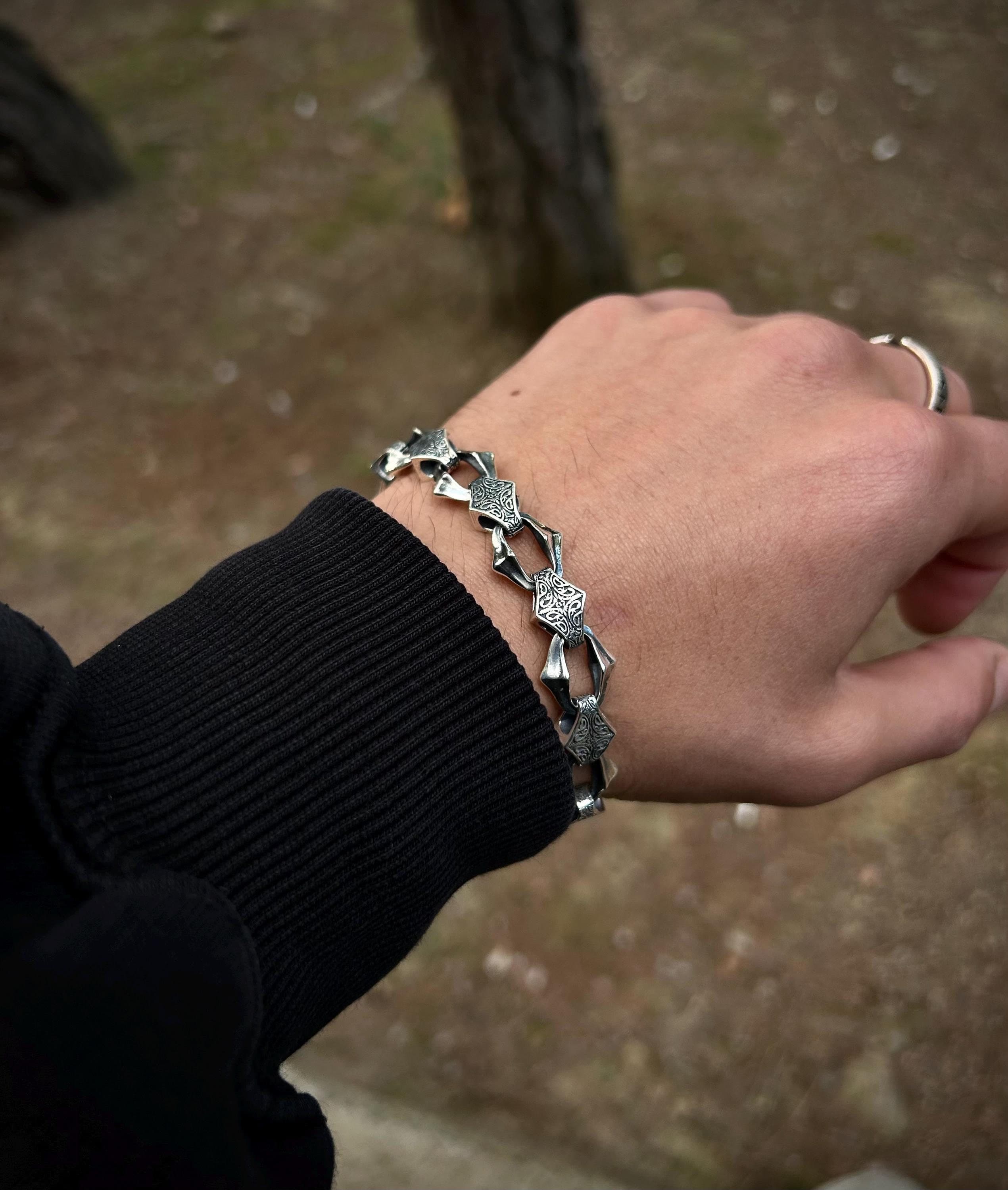 Men's Engraved Chain Link Bracelet crafted from 925 Sterling Silver with a unique cut link design. Unusual Chain Link bracelet is perfect for making it a memorable Christmas jewelry gift for him.