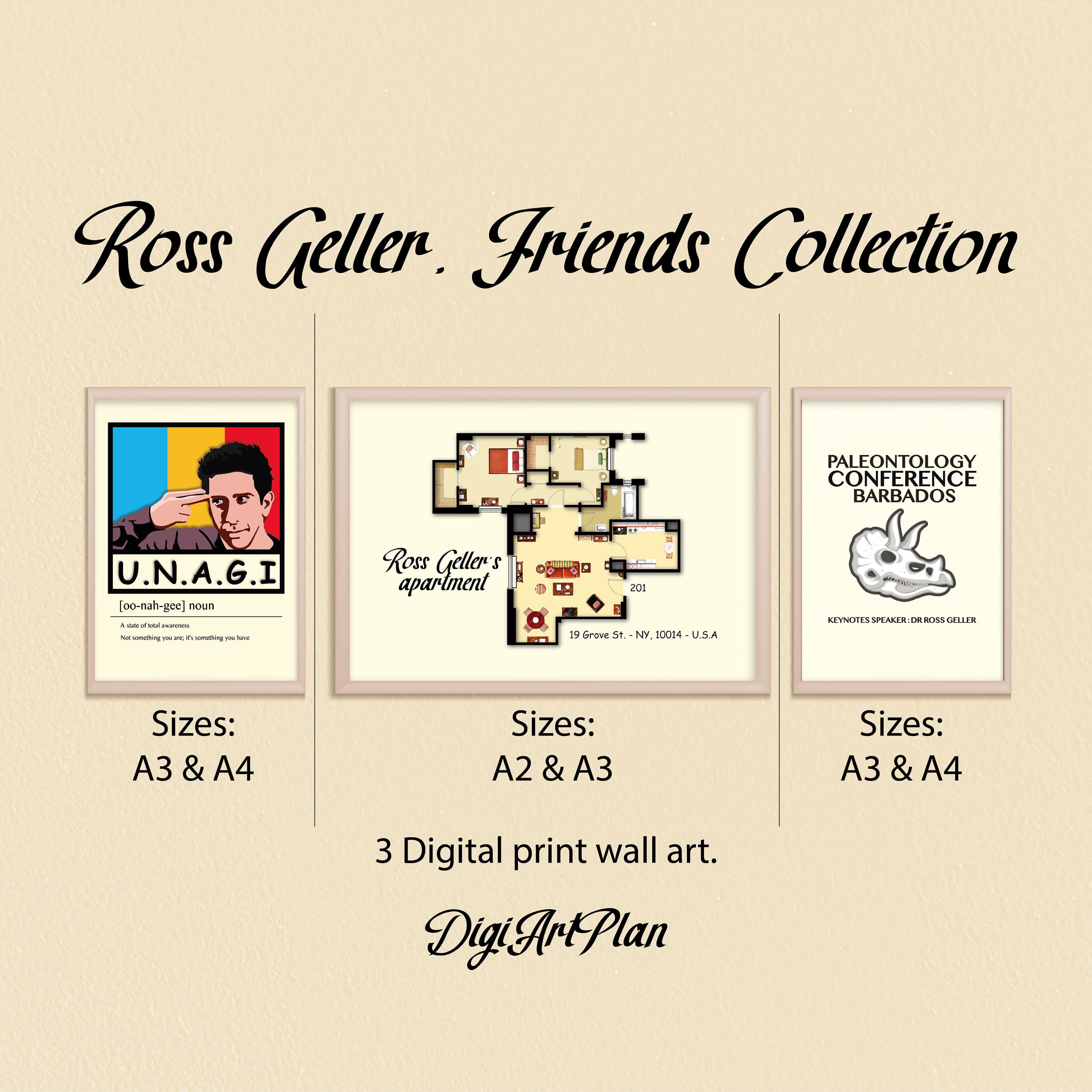 Friends tv show - Ross Geller Art Collection - 3 Artprint posters for Home Decor