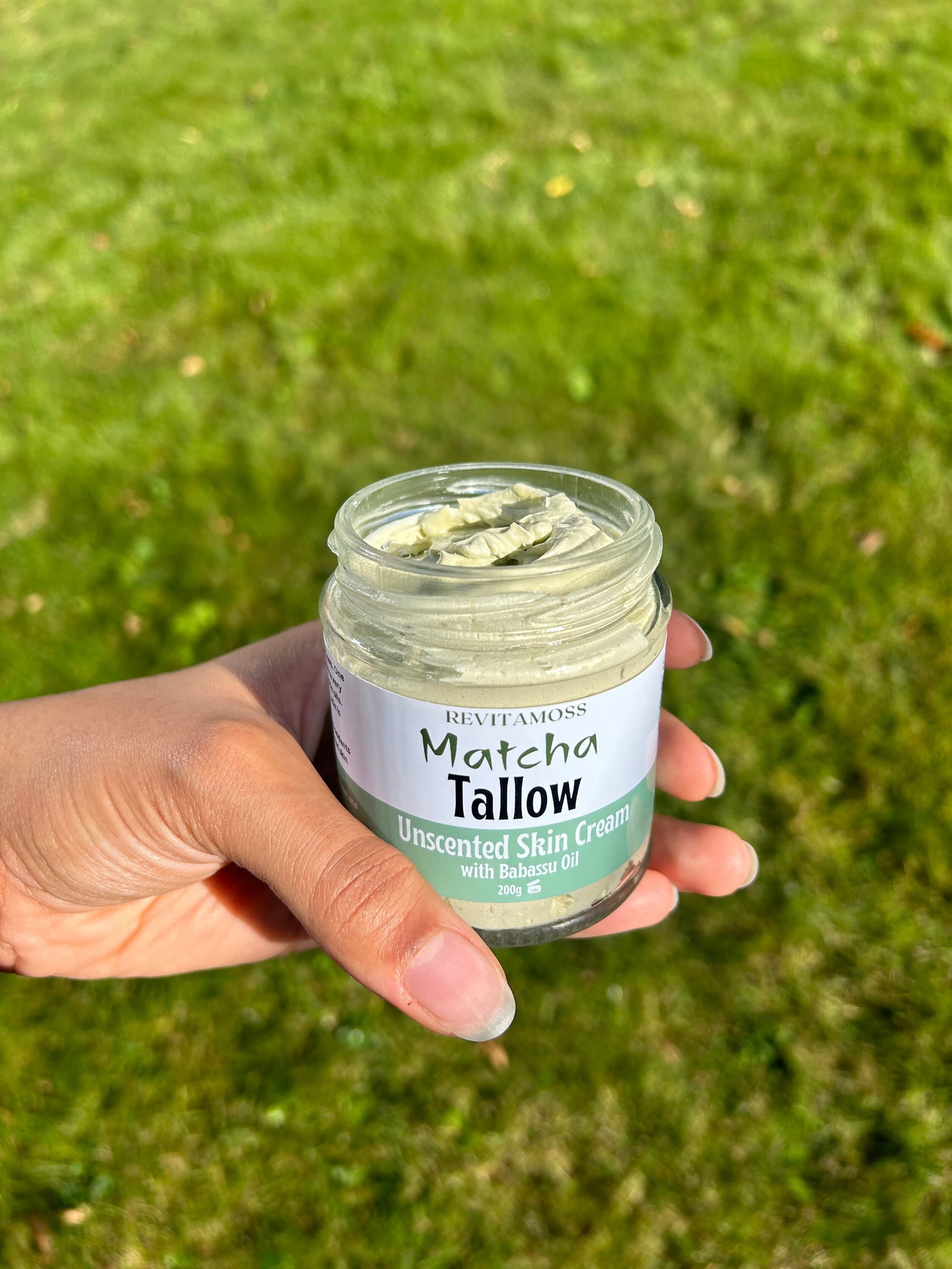 Whipped Tallow Cream infused with Matcha | Halal Tallow | Grass Fed and 100% Natural Beef Tallow Moisturiser | 200g Glass Jar