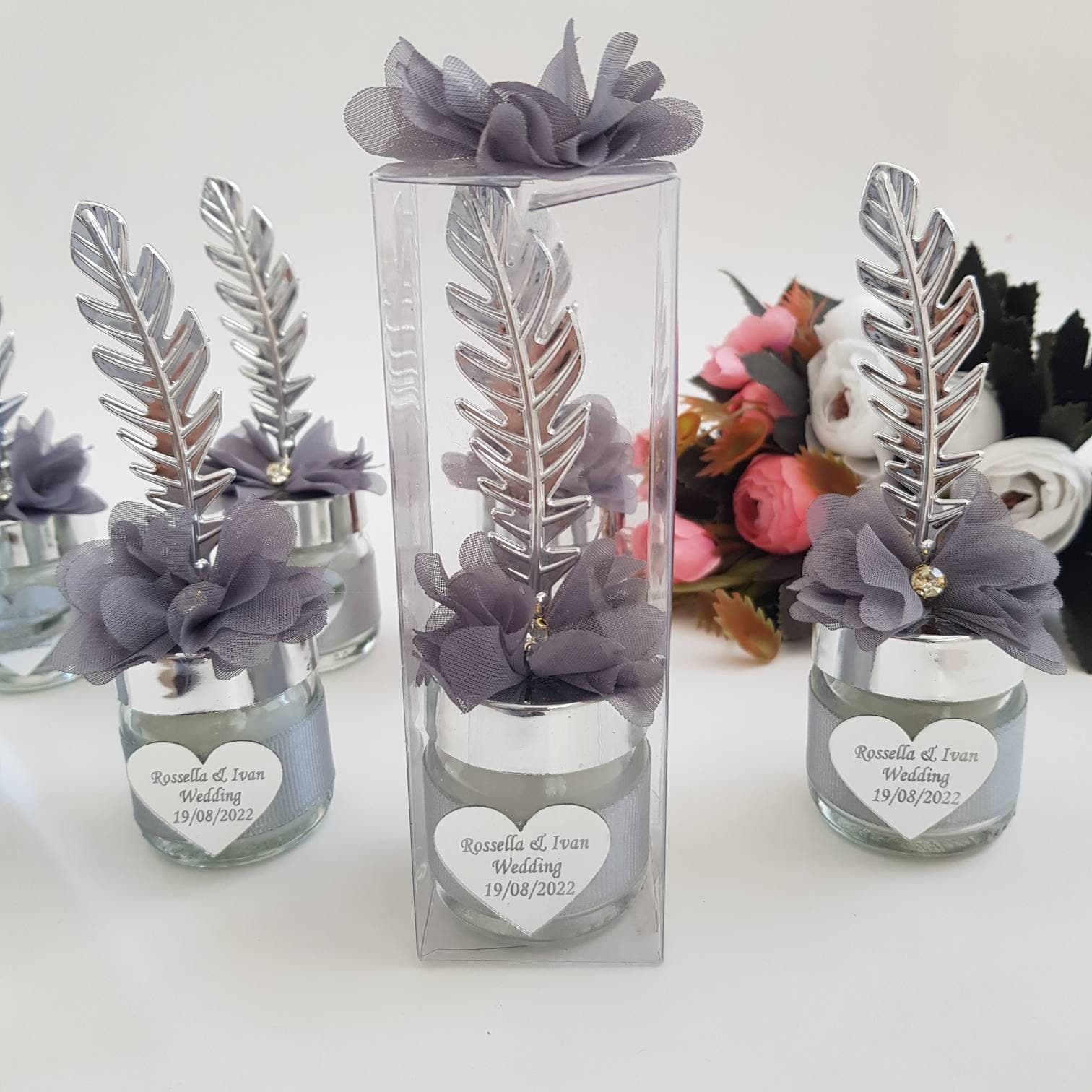 Personalized Wedding Candle Favors, Silver Feather, Bulk Gifts