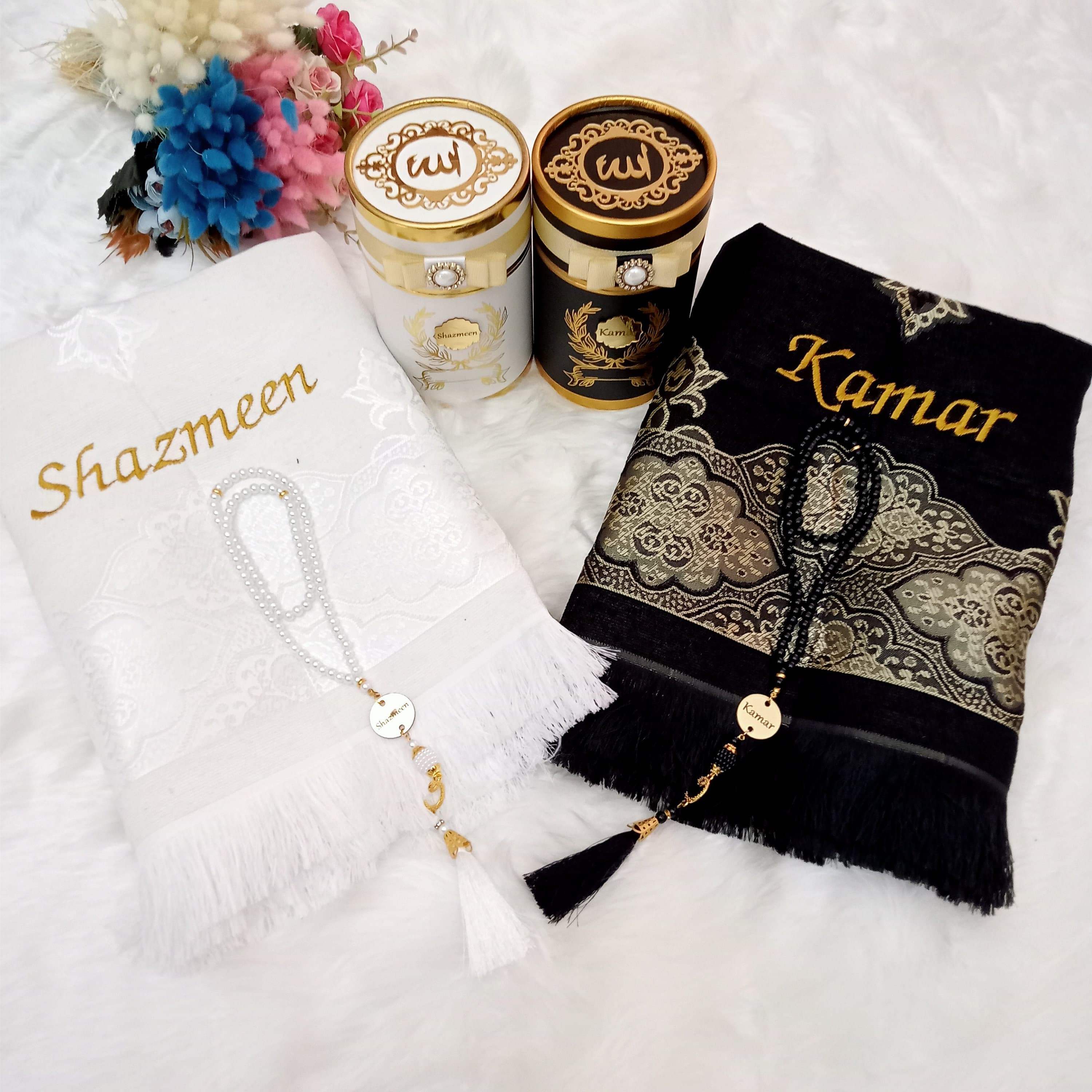 Personalized Islamic Gift Set | Prayer Mat, Pearl Tasbeeh, Quran