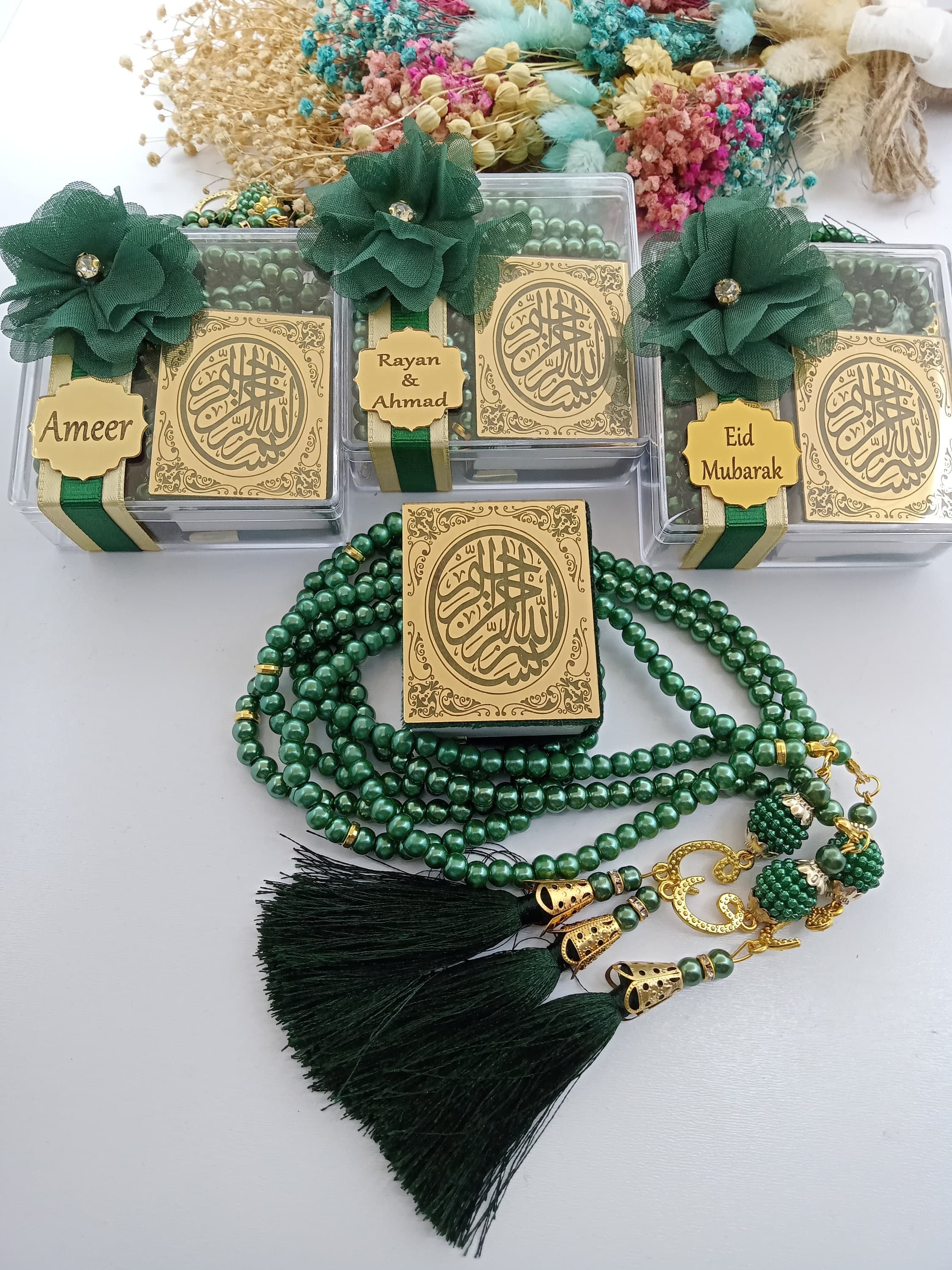 Personalized Mini Quran Gift Set | Pearl Tasbeeh, Decorated Box | Wedding favors