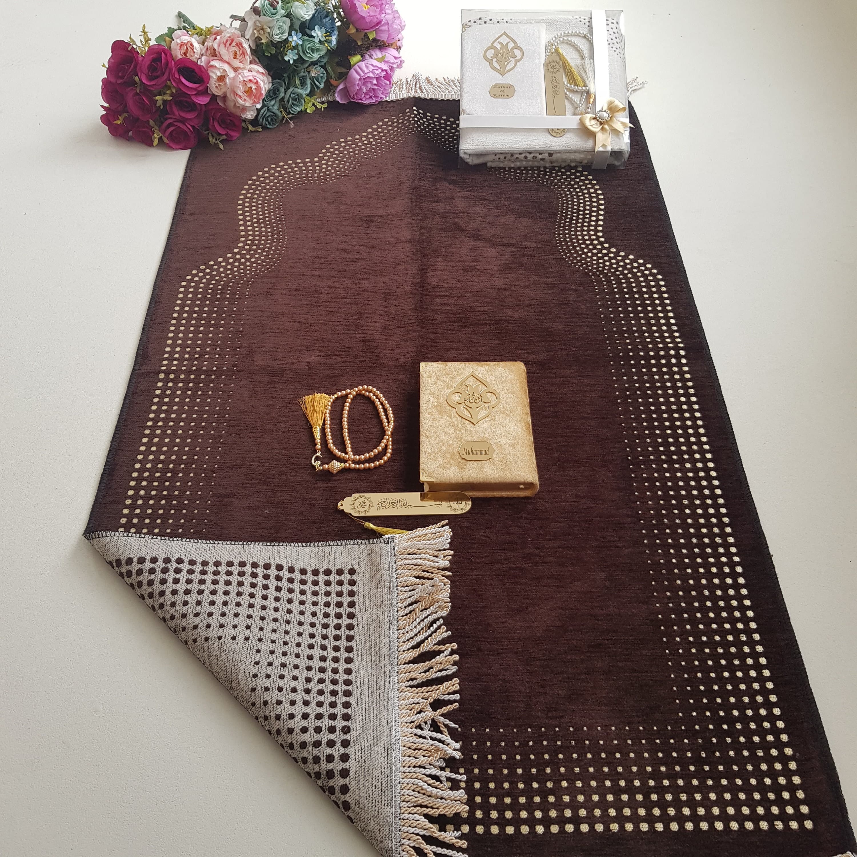 Personalized Prayer Mat Gift Set | Velvet Quran, Tasbeeh & Bookmark - image 4