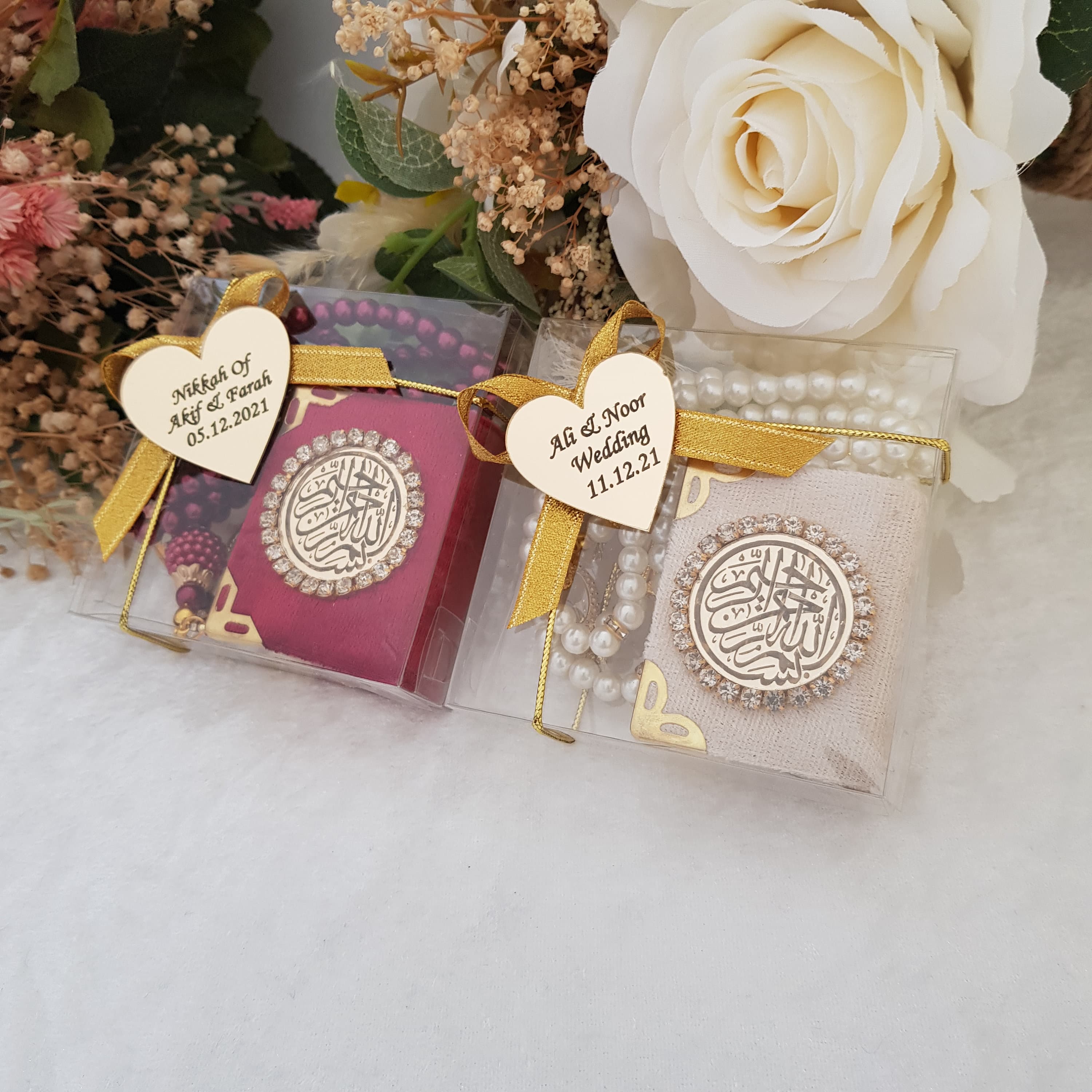 Velvet Mini Quran Gift Set | Pearl Tasbeeh, Decorated Box | Wedding favors