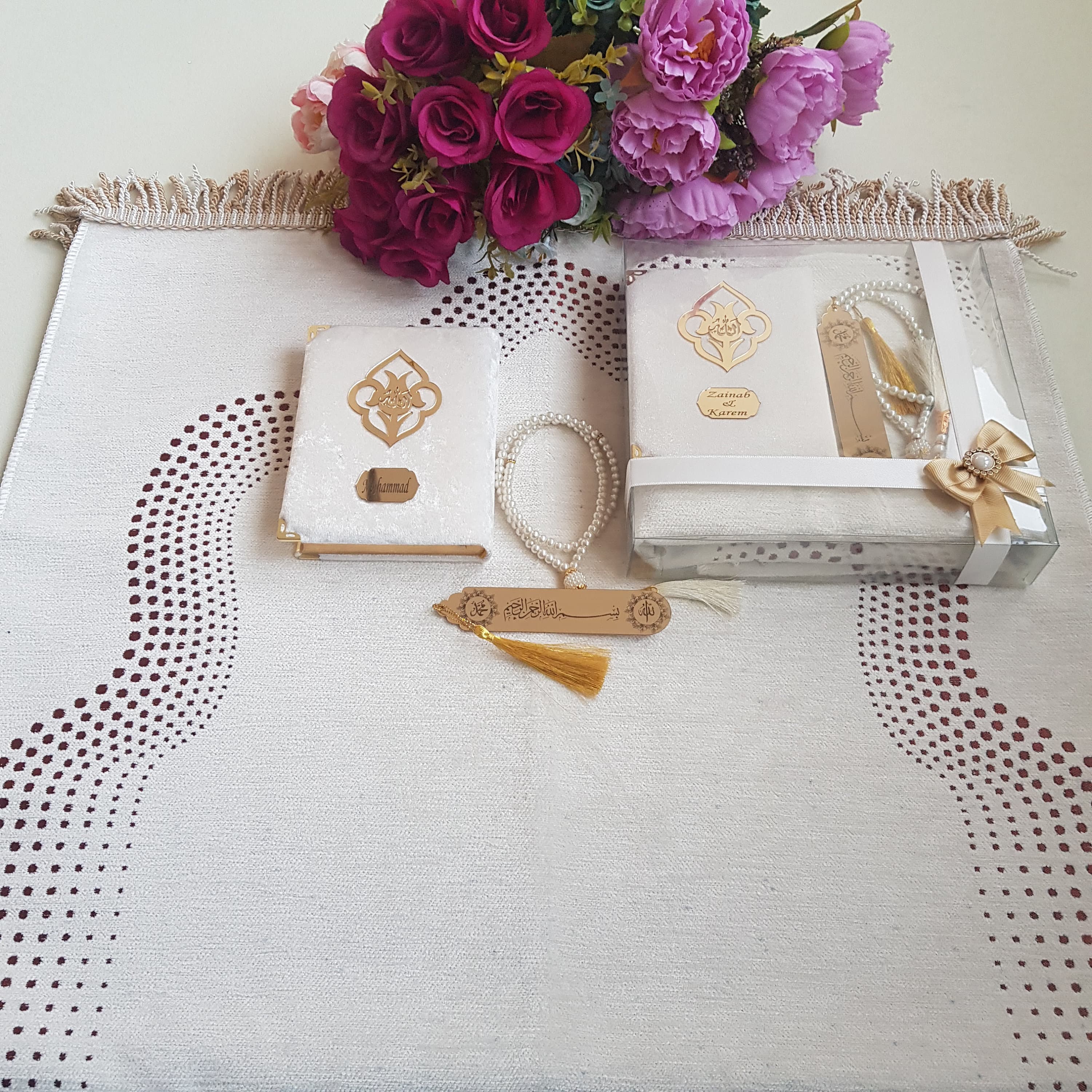 Personalized Prayer Mat Gift Set | Quran, Tasbeeh, Bookmark - image 3