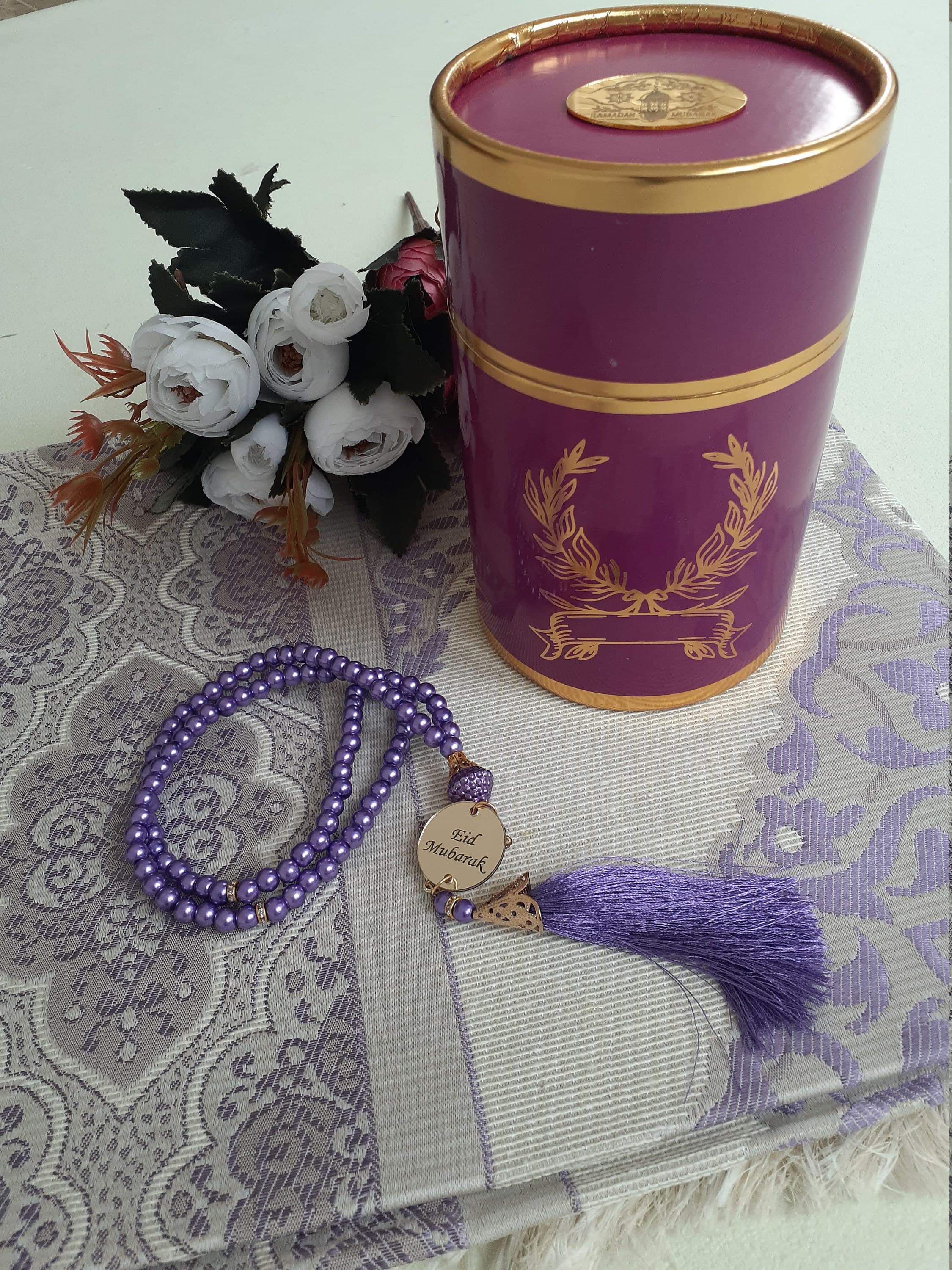 Personalized Prayer Mat Gift Set | Islamic Pearl Tasbeeh, Eid Mubarak - image 5