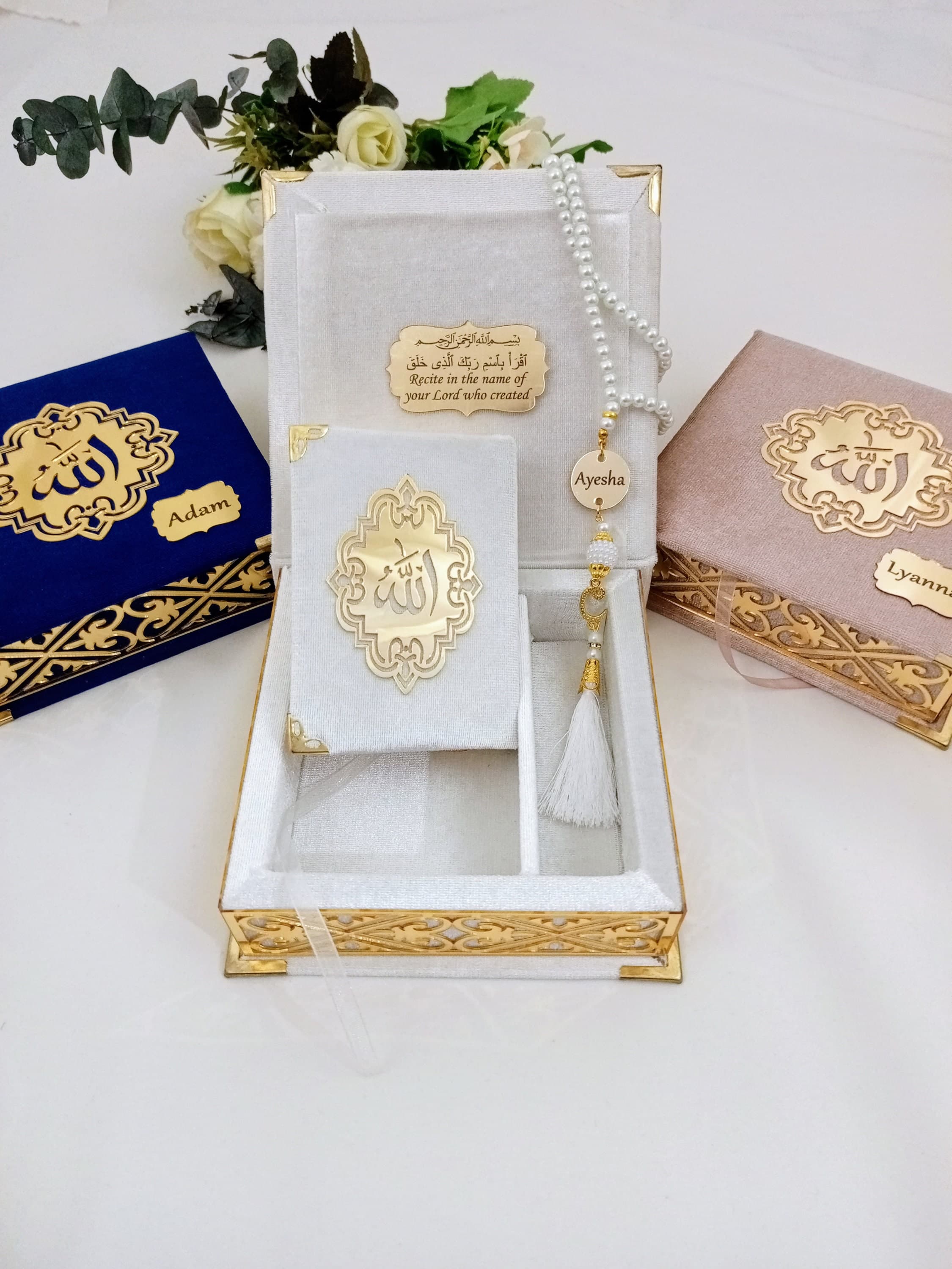 Personalized Velvet Quran Gift Set | Pearl Prayer Beads, Islamic Favors
