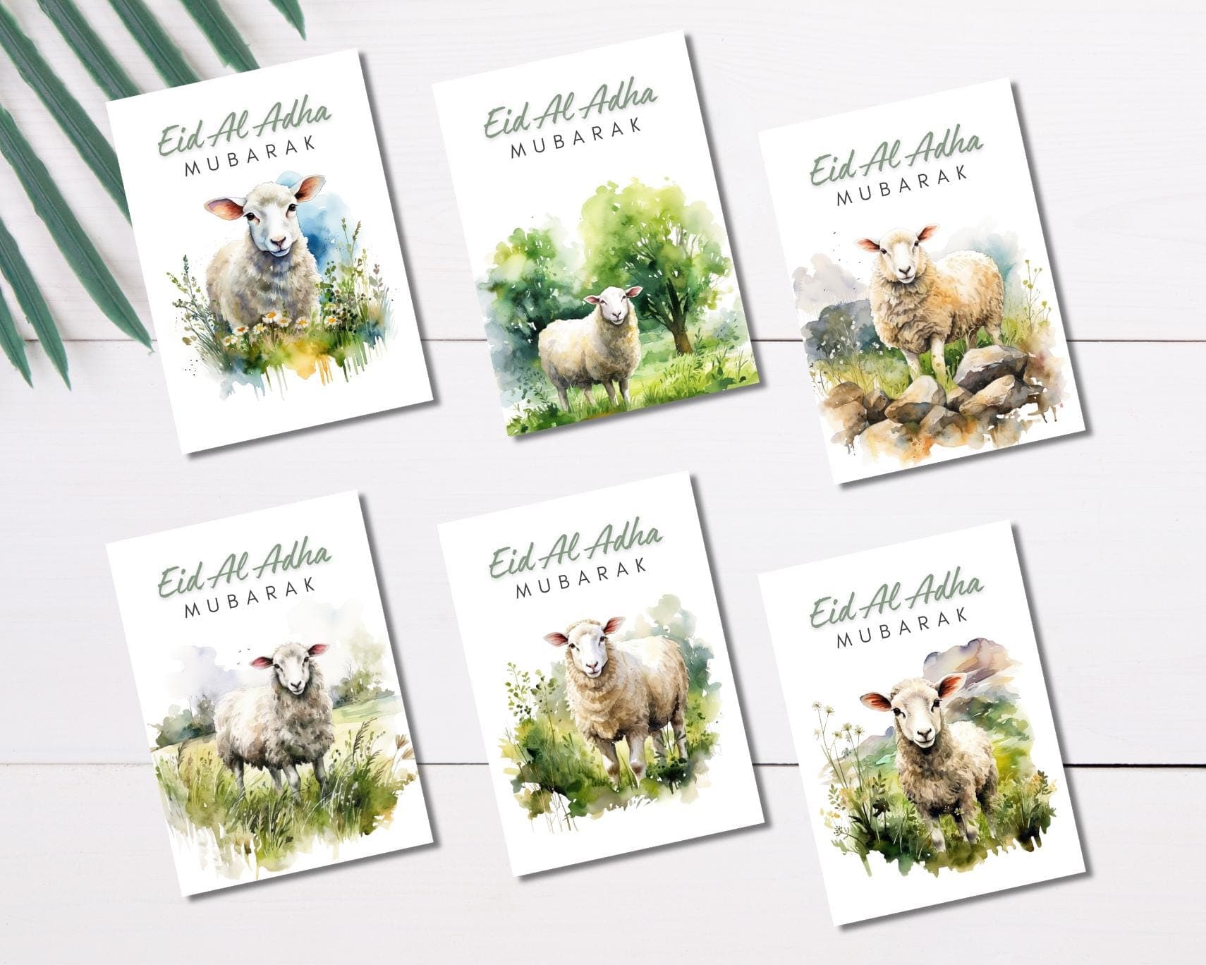 Set of 6 Watercolor Eid Al Adha Cards, Eid Mubarak Greetings (Digital Download)