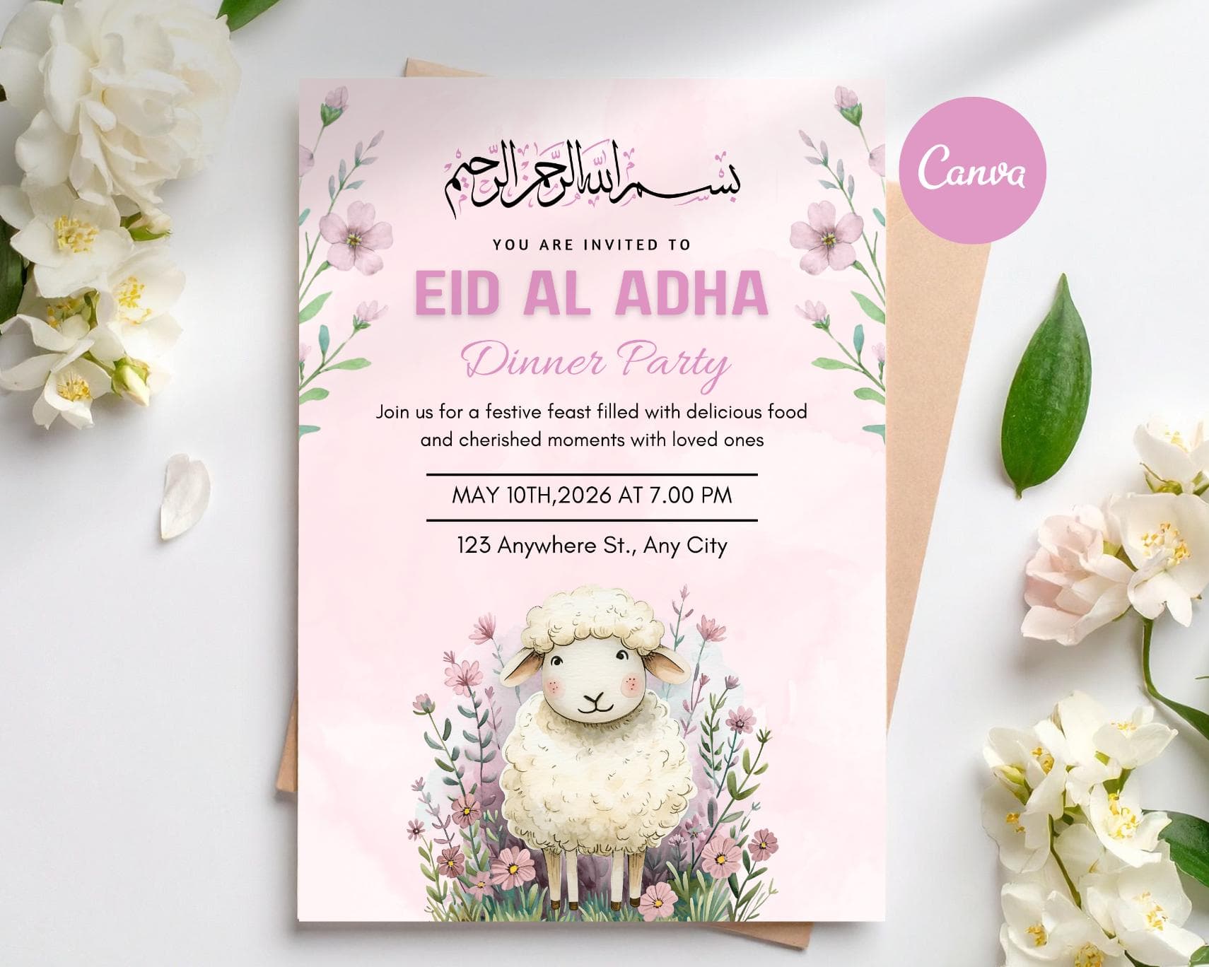 Floral Eid Al Adha Dinner Party Invitation, Editable Canva Template (Digital Download)