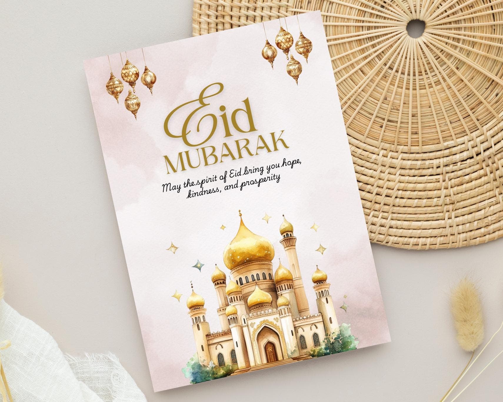 Eid Mubarak Cards, Printable PDF, Happy Eid Editable Canva Template, Digital Download, Watercolor Card - image 5