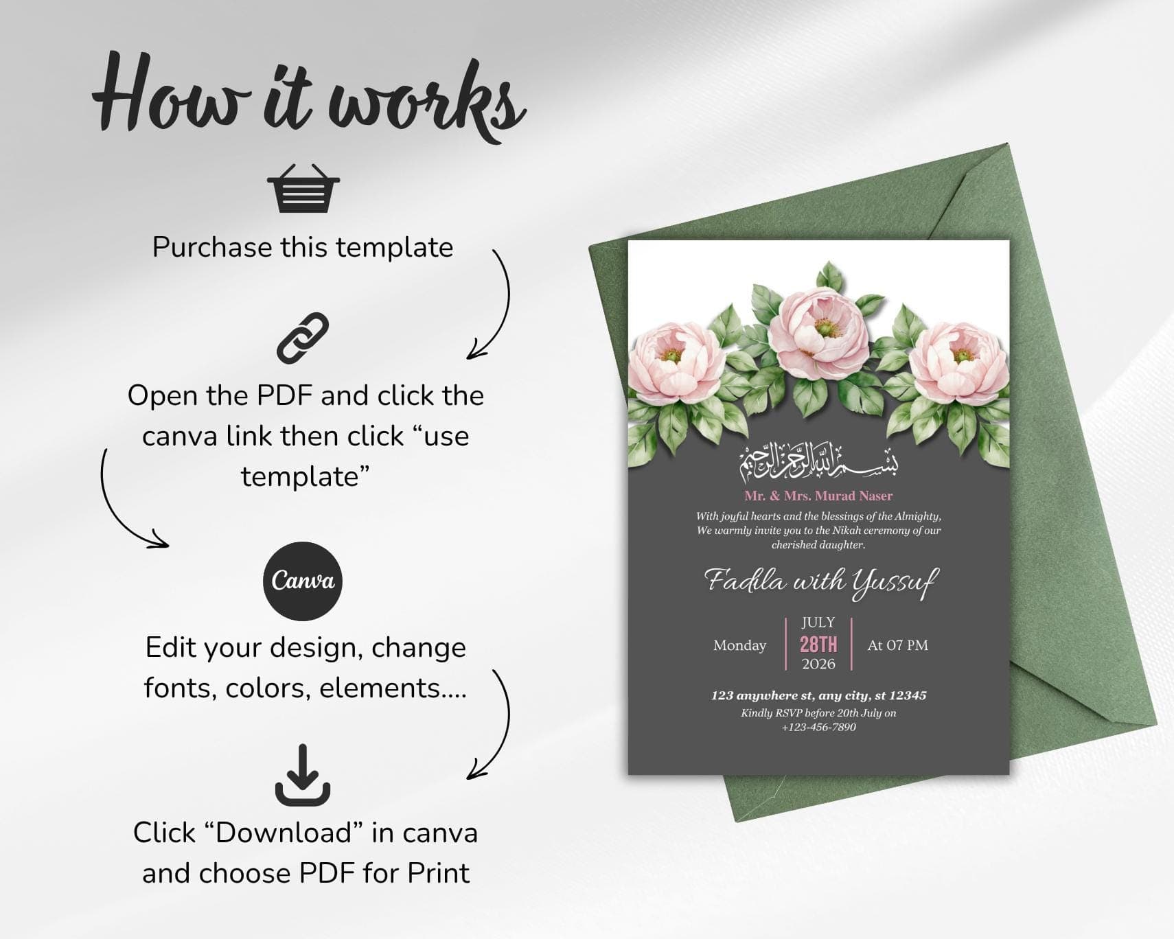 Muslim Wedding Invitation Template, Editable Floral Nikah Card, Watercolor Islamic Walima Invite, (Digital Download) - image 5