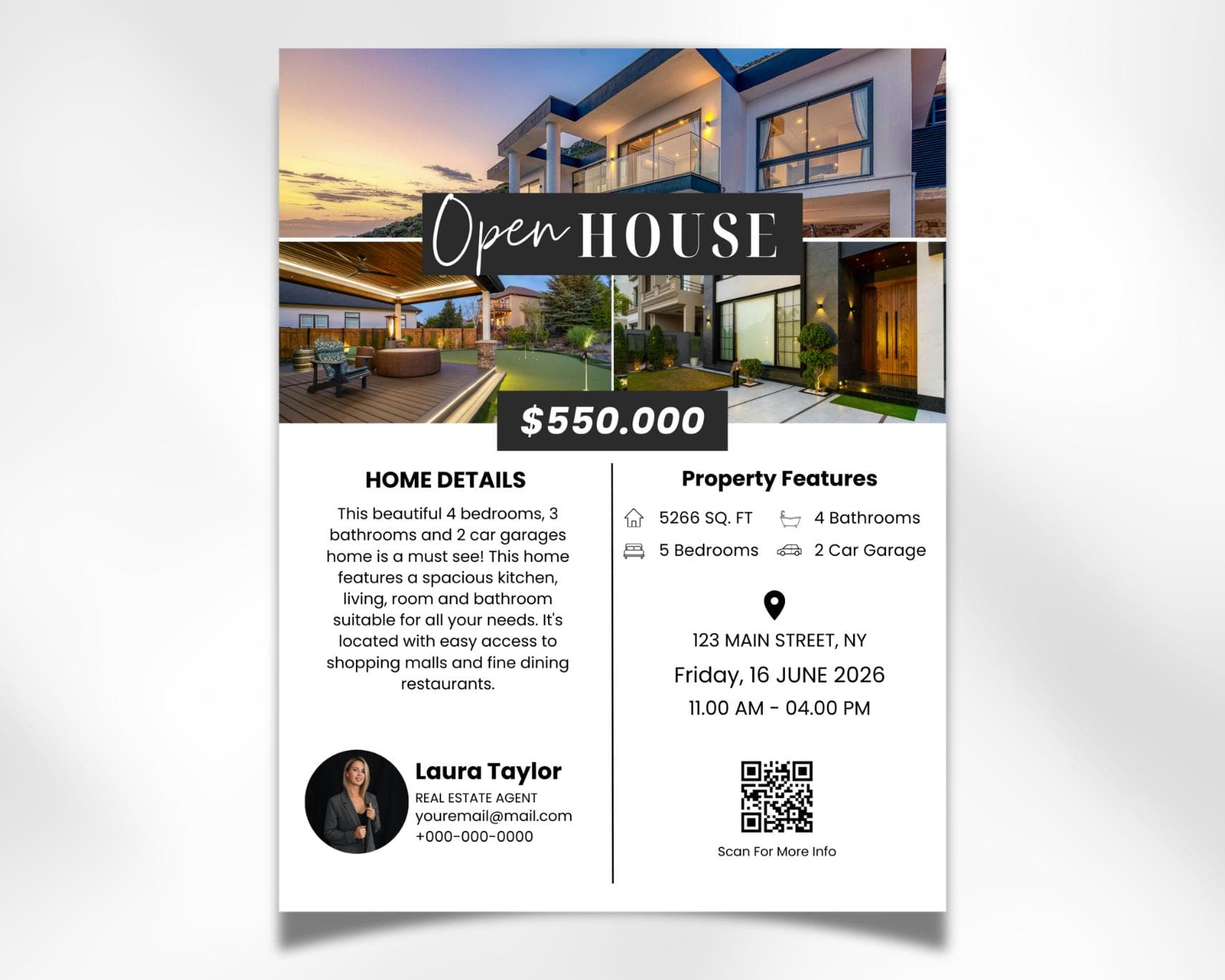 Brokers Open House Flyer Canva Template With QR Code, Property Listing, Real Estate Marketing