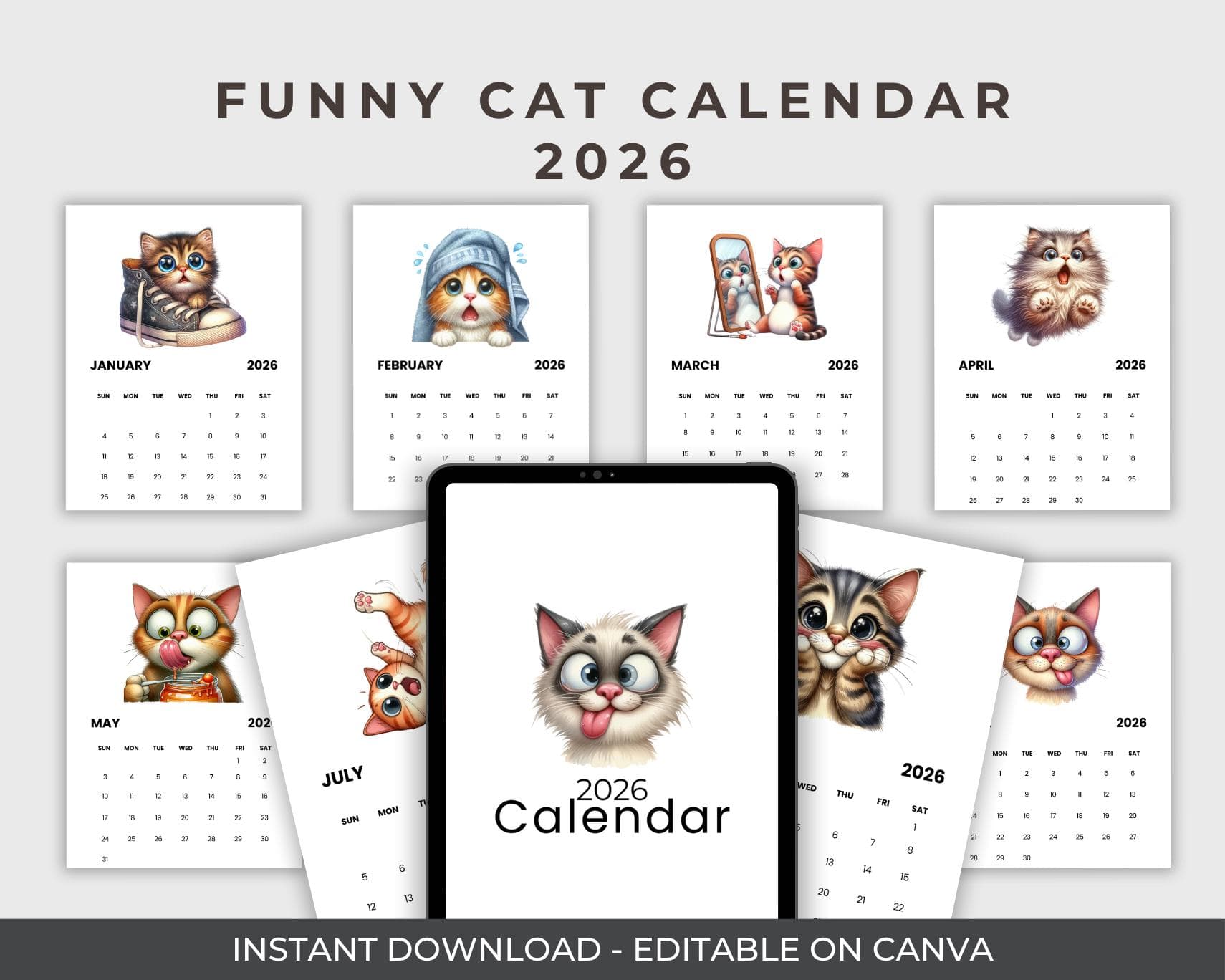 Funny Cat Calendar 2026 | A5 Printable PDF | Sunday Start  | Digital Download | Canva Template
