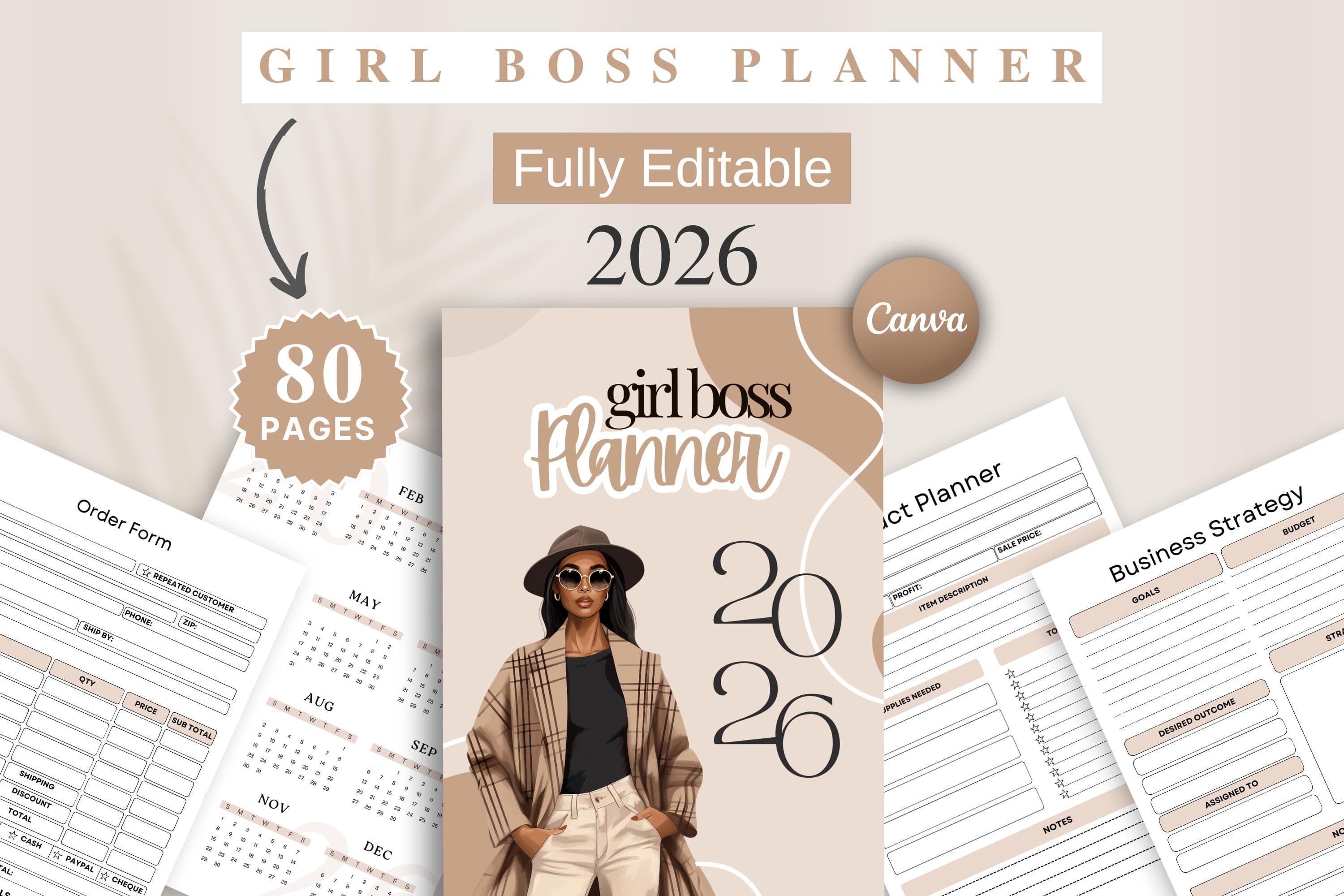 Girl Boss Business Planner 2026, Editable Canva Template (Digital Download)