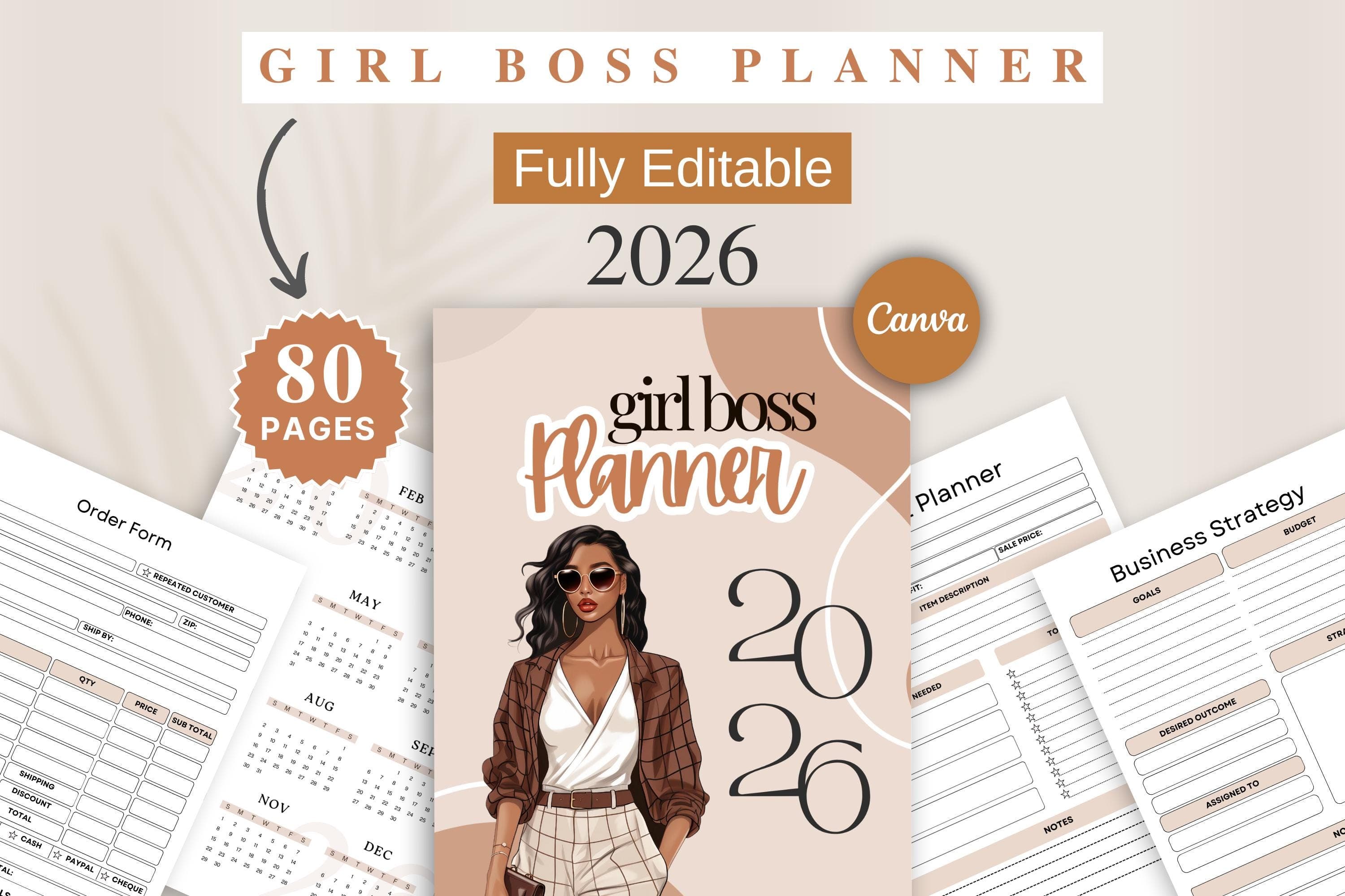 Girl Boss 2026 Planner, Business Planner, Editable Canva Template (Digital Download)