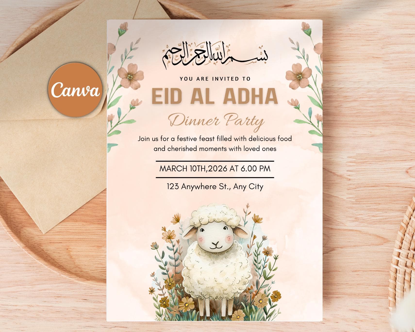 Floral Eid Al Adha Dinner Party Invitation, Editable Canva Template (Digital Download)