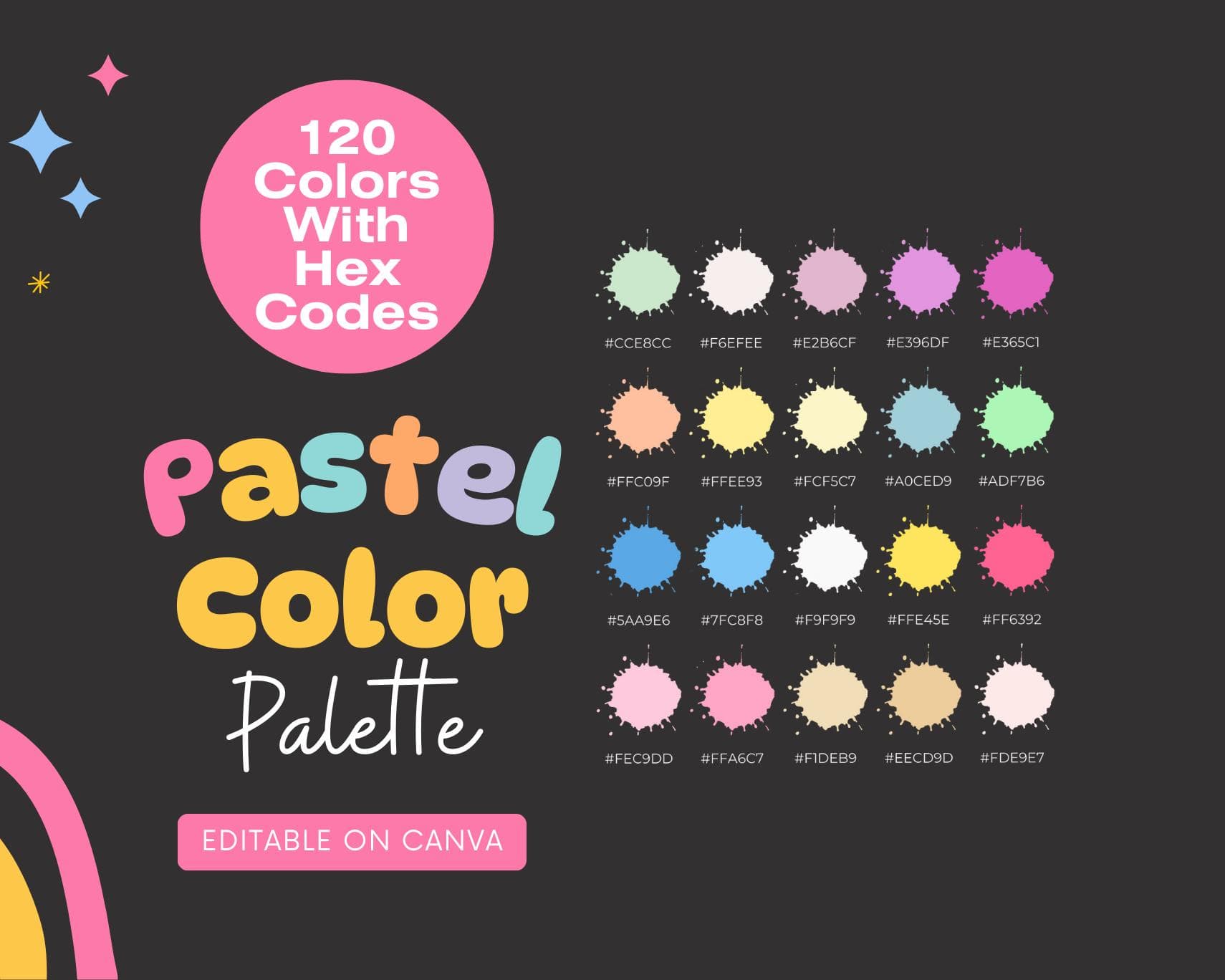 120 Pastel Color Palette | Hex Codes, Canva Template (Instant Download)