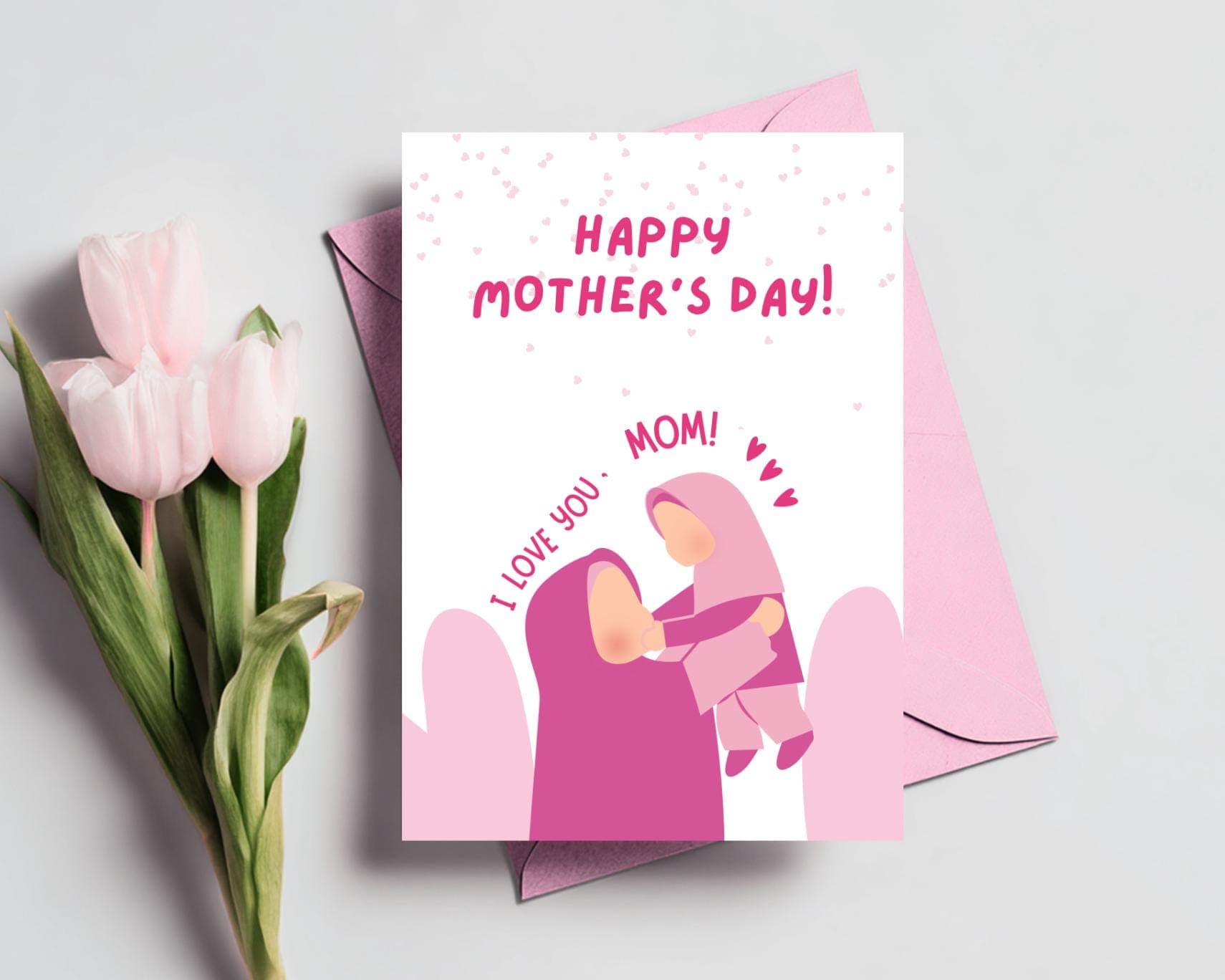 Pink Muslim Mother's Day Card, Hijabi Mom With Daughter Card, Digital download