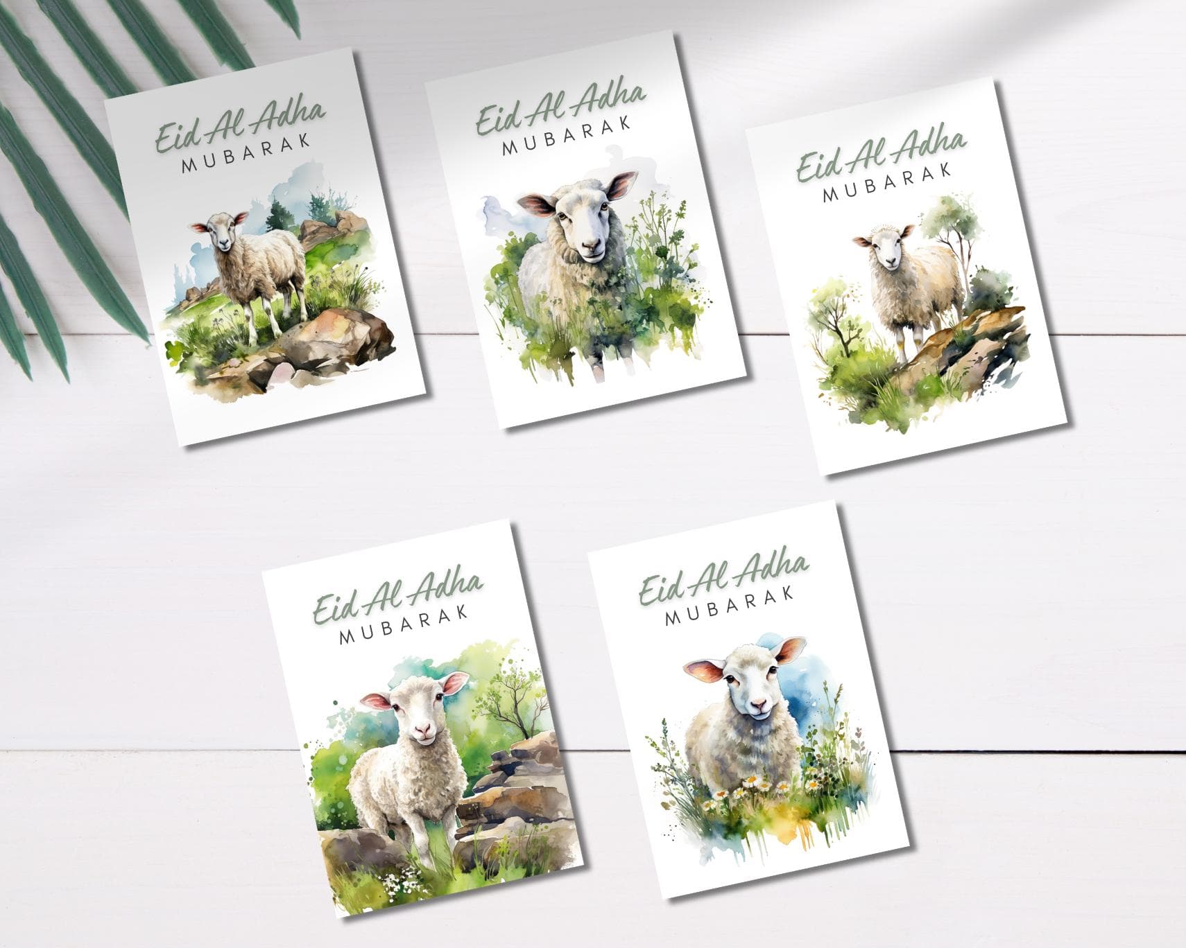 Set of 5 Watercolor Eid Al Adha Cards, Eid Mubarak Greetings (Digital Download)